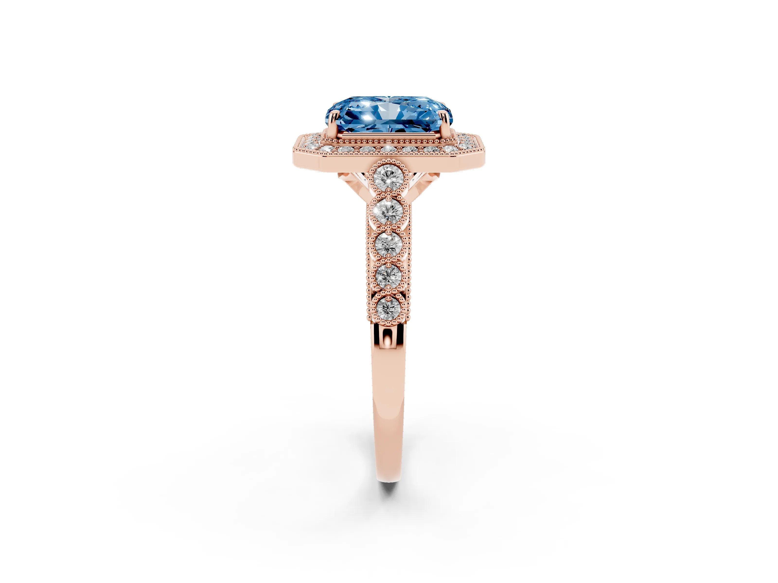 Fancy Blue Radiant Cut Diamond Milgrain Halo Solitaire Ring Set in Rose gold with Bezel Set Side Stones and Pavé Band