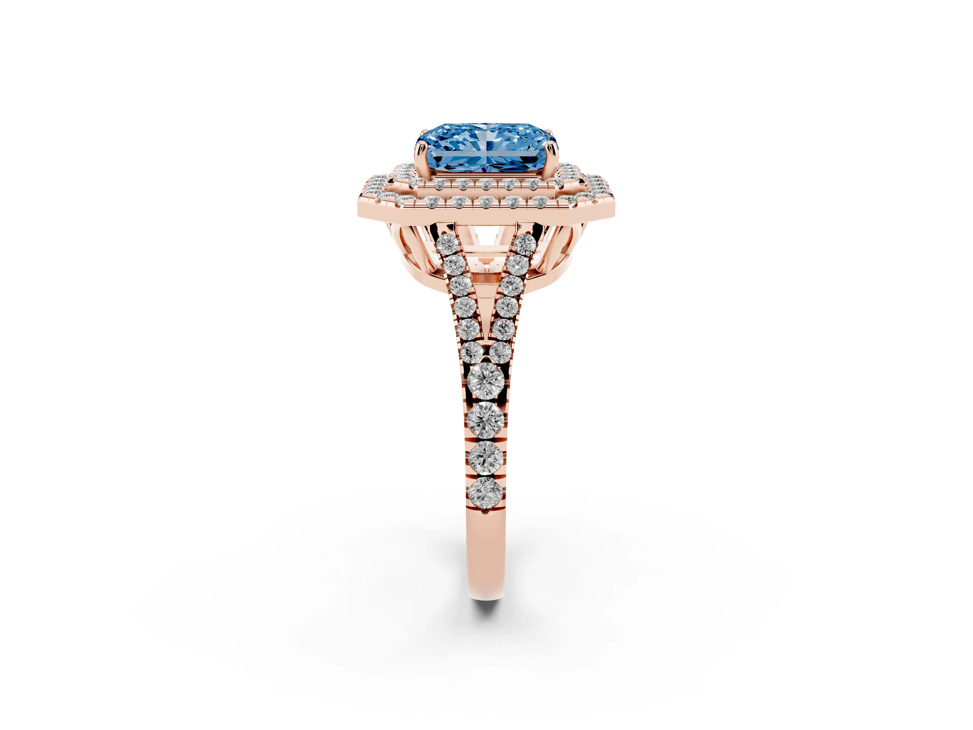 Fancy Blue Radiant Cut Diamond Double Halo Ring Set in Rose gold with Pavé Band