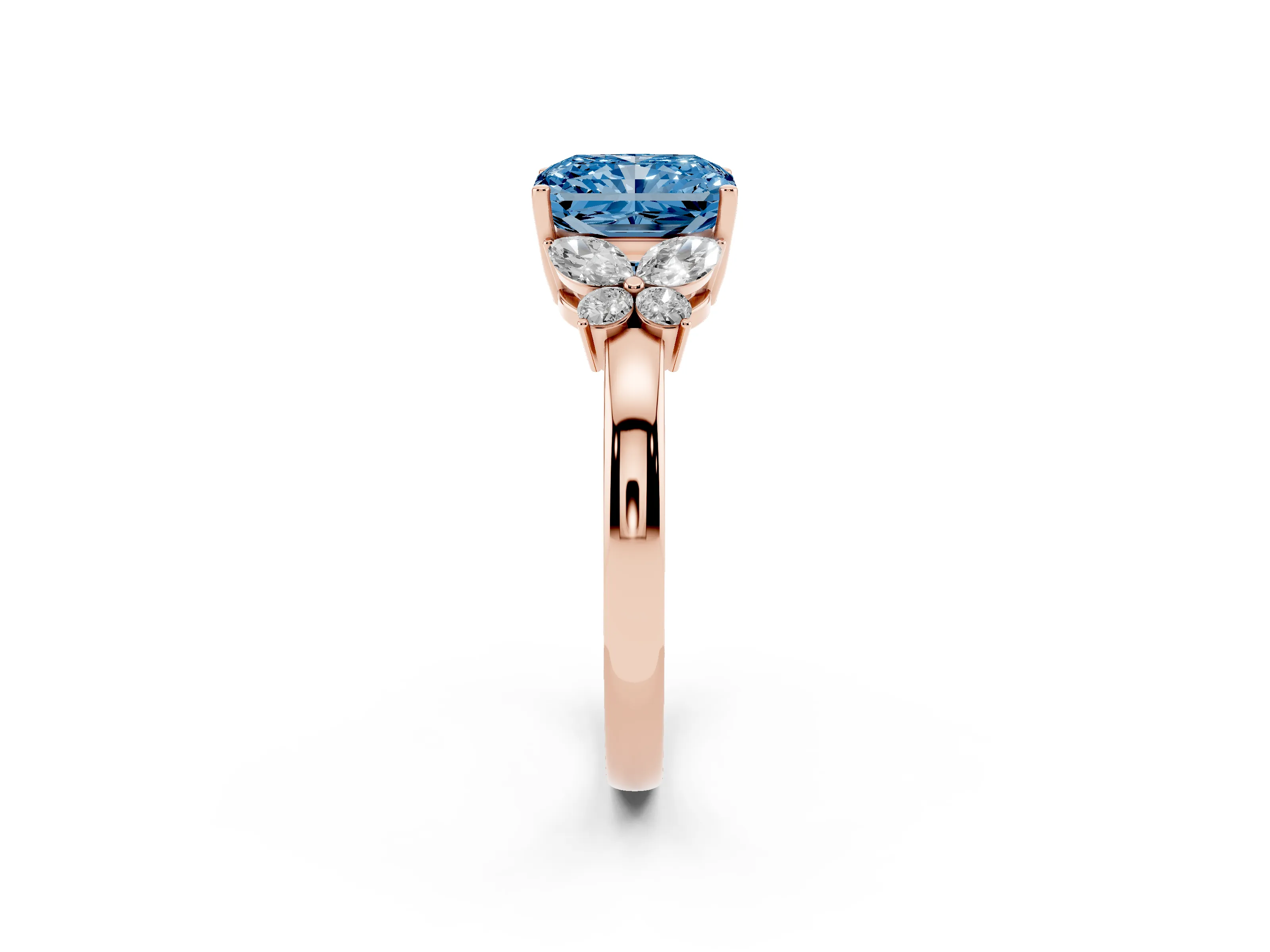Fancy Blue Radiant Cut Diamond Solitaire Floral Ring Set in Rose gold with Marquise Petals and Prong Setting