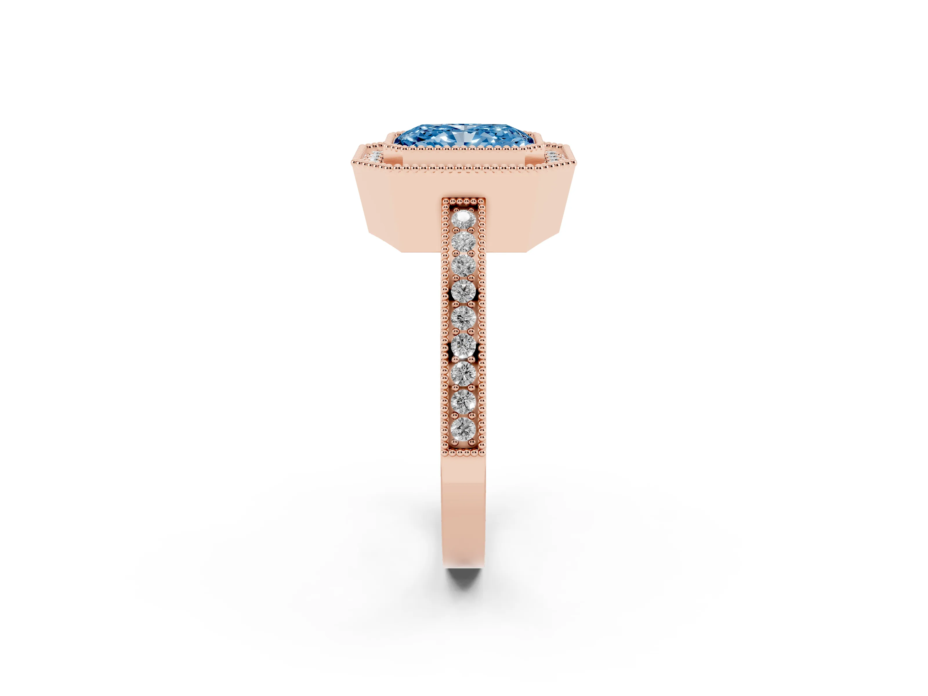 Fancy Blue Radiant Cut Diamond Halo Ring Set in Rose gold with Pavé Band and Milgrain-Edged Prongs
