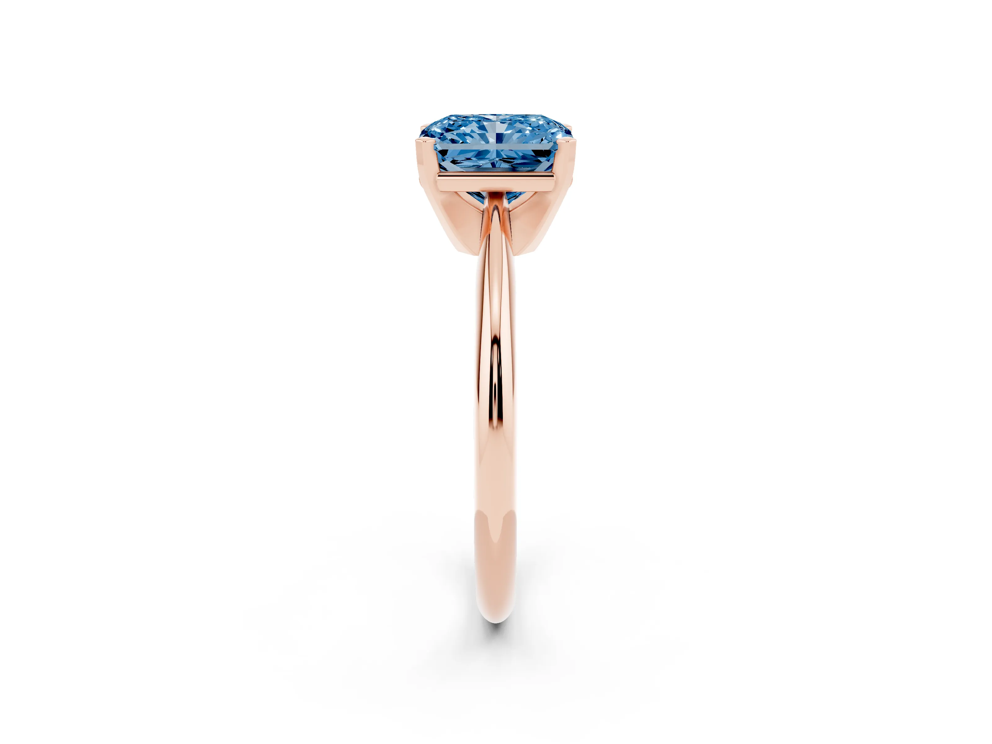 Fancy Blue Radiant Cut Diamond Solitaire Ring Set in Rose gold with Prong Setting on a Plain Round Band