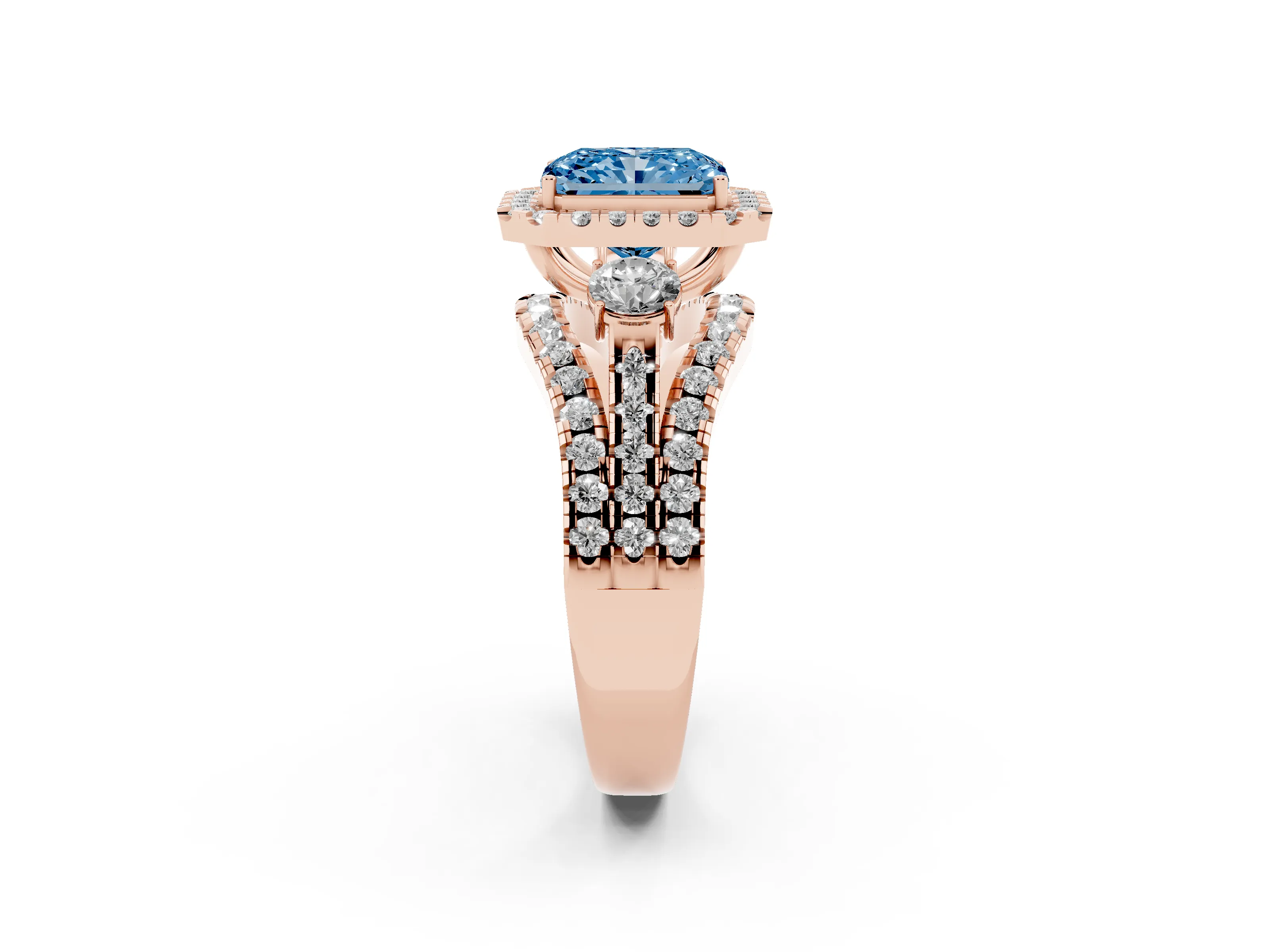 Fancy Blue Radiant Cut Diamond Halo Split Shank Ring Set in Rose gold with Round Accent Stones and Prong Setting