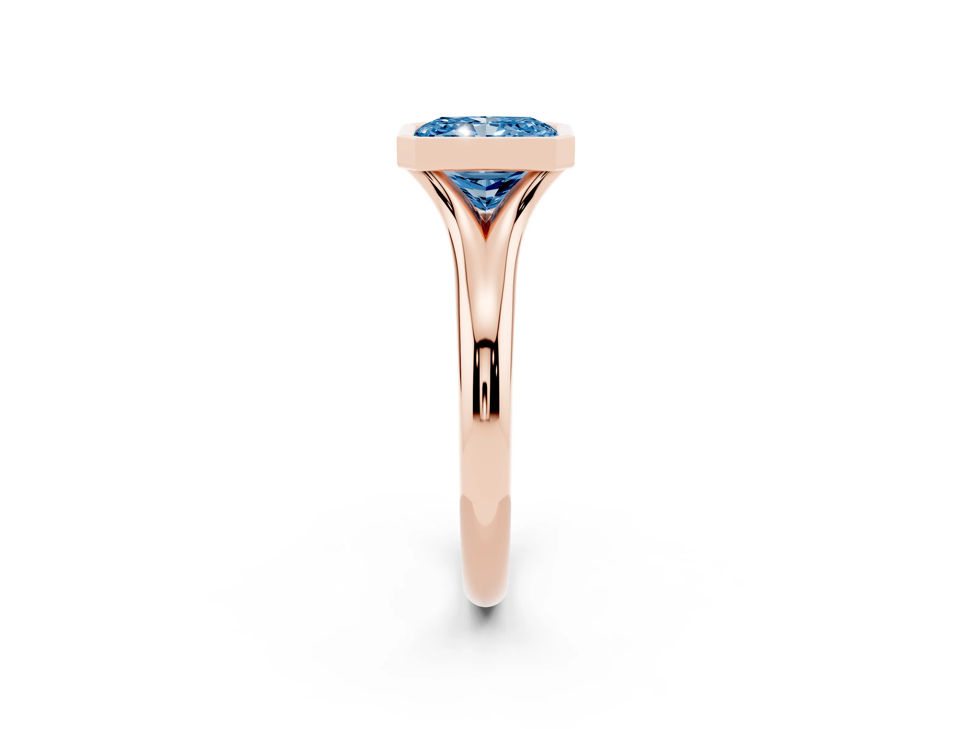 Fancy Blue Bezel Set Radiant Cut Diamond Solitaire Ring Set in Rose gold with Smooth Band