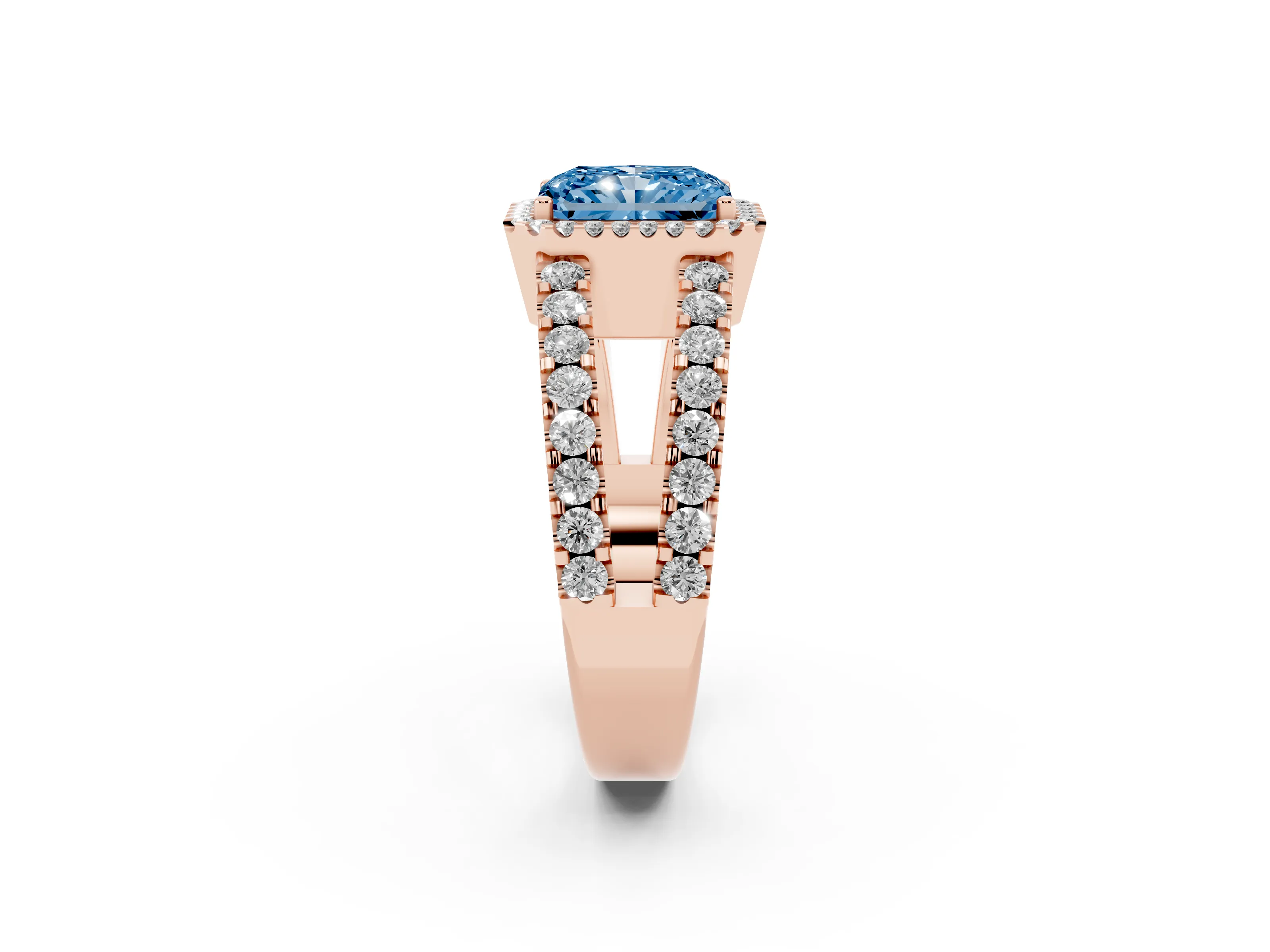 Fancy Blue Radiant Cut Diamond Halo Ring Set in Rose gold with Pavé Split Shank and Prong Setting