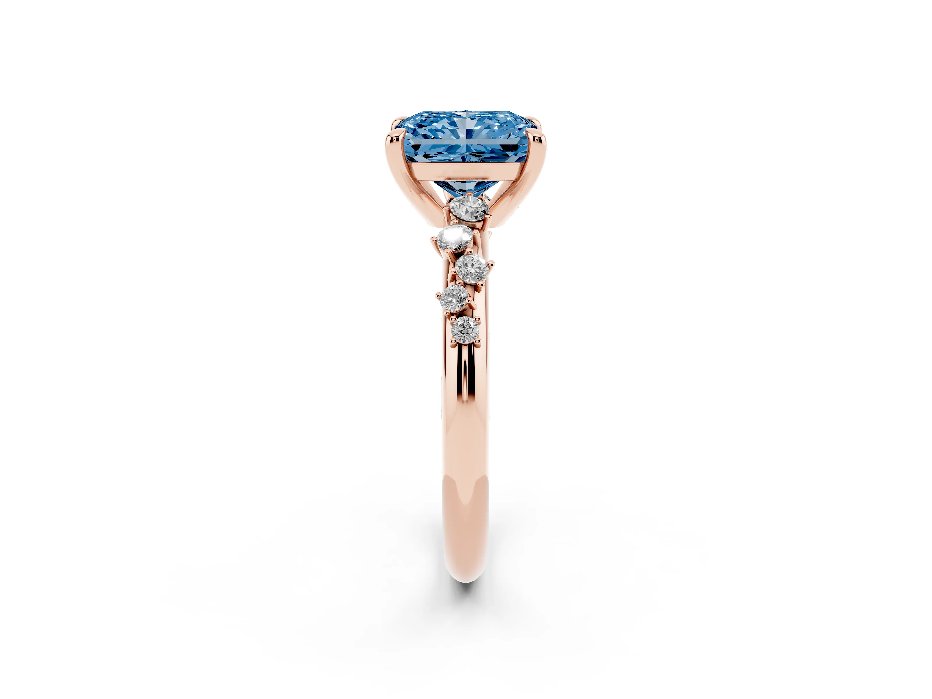 Fancy Blue Radiant Cut Diamond Solitaire Vine Band Ring Set in Rose gold with Round Accents and Prong Setting