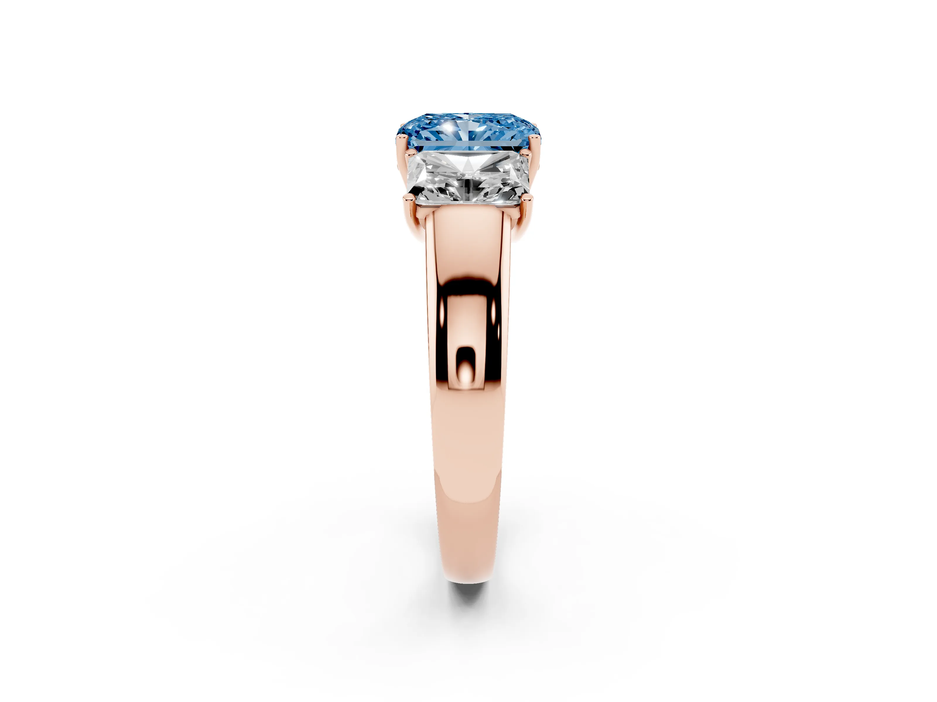 Fancy Blue Three-Stone Radiant Cut Diamond Ring Set in Rose gold with Matching Prong Settings and Plain Band