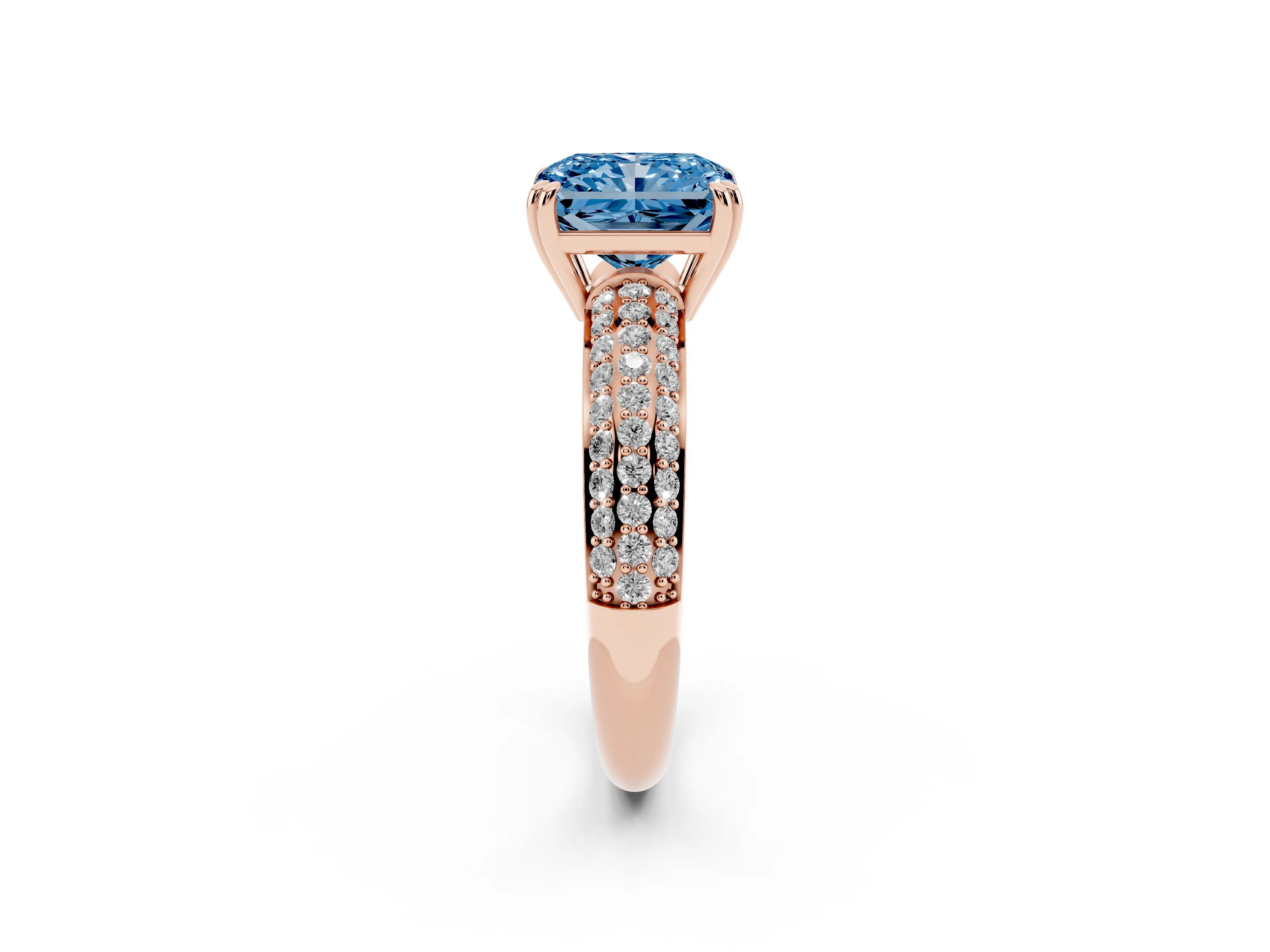 Fancy Blue Radiant Cut Diamond Solitaire Ring Set in Rose gold with Multi-Row Round Pavé Band and Prong Setting