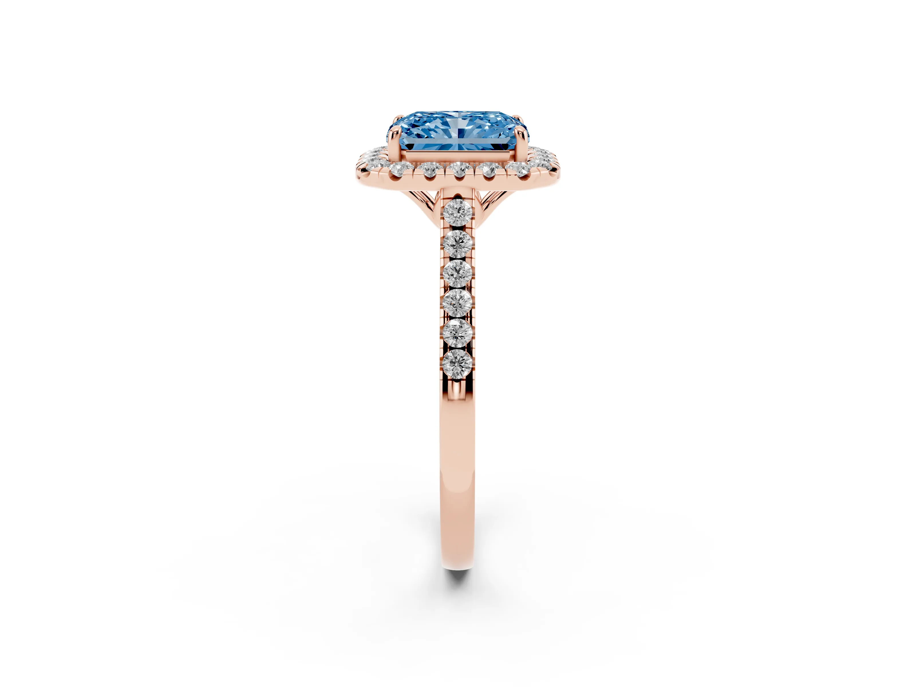 Fancy Blue Radiant Cut Diamond Pavé Halo Engagement Ring Set in Rose gold with Pavé Band and Prong Setting