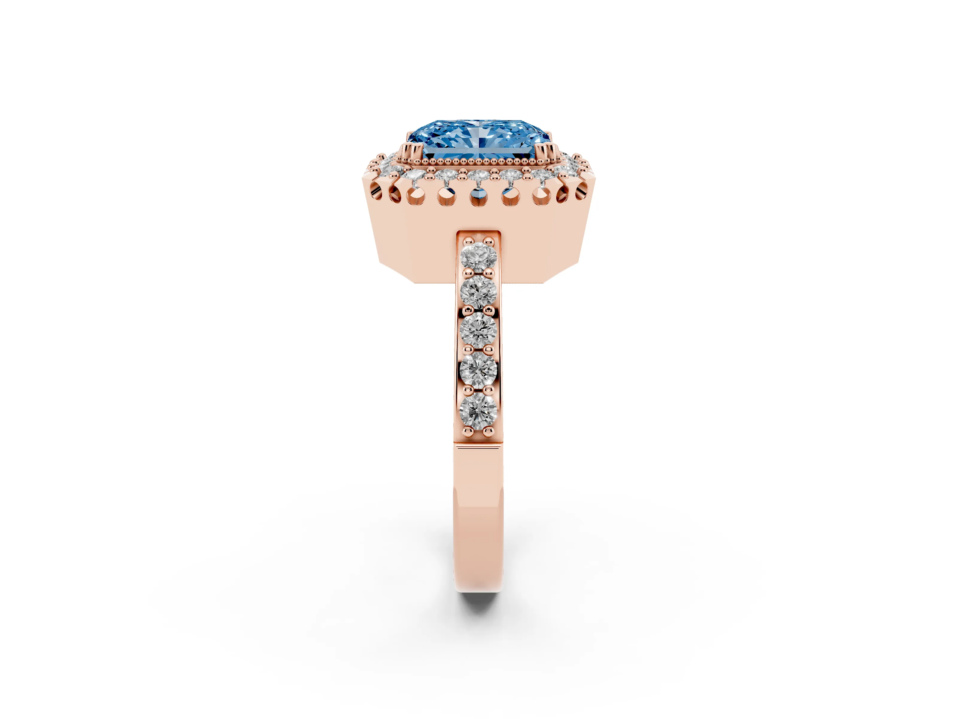 Fancy Blue Radiant Cut Diamond Halo Ring Set in Rose gold with Pavé Shank and Prong Setting