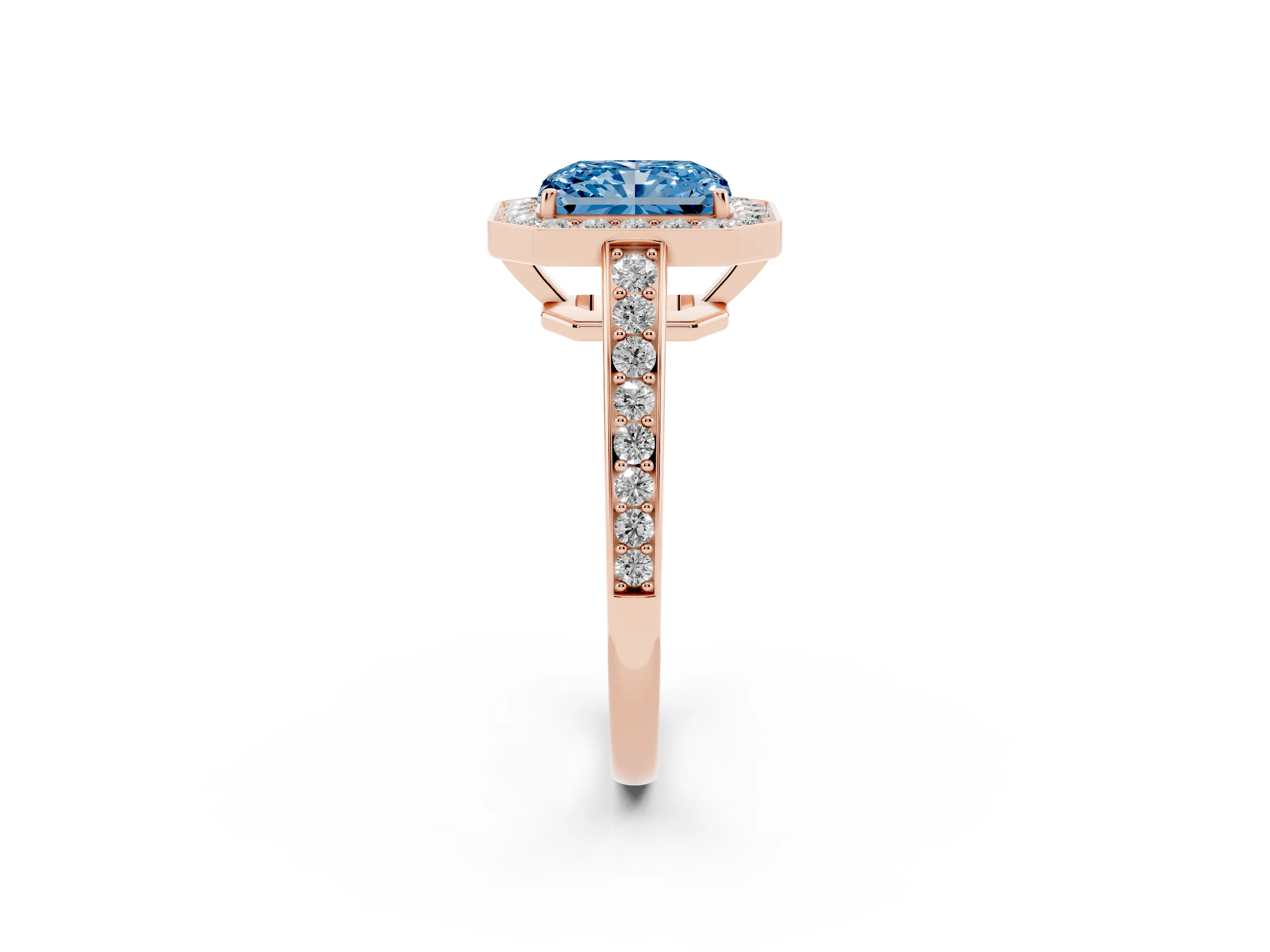 Fancy Blue Radiant Cut Diamond Halo Pavé Engagement Ring Set in Rose gold with Bezel Setting