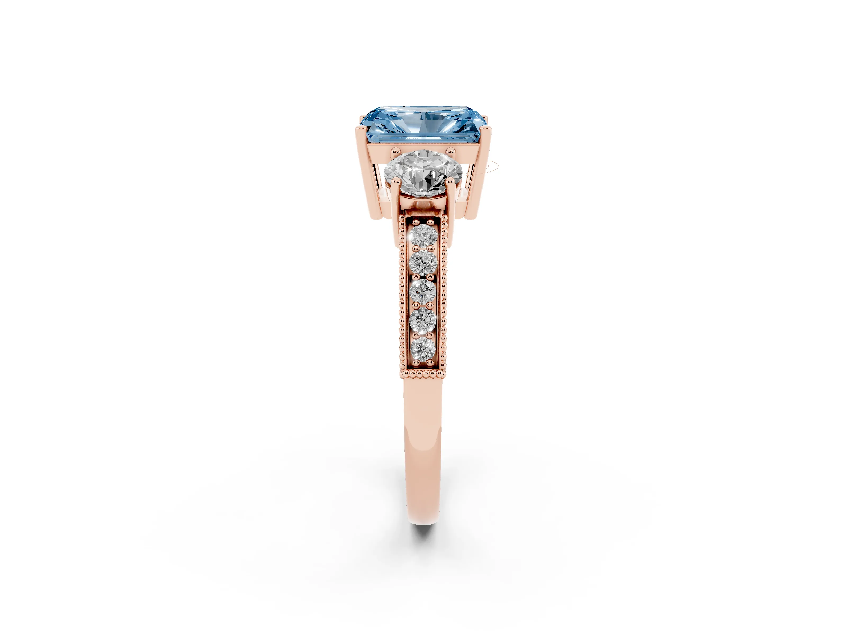 Fancy Blue Radiant Cut Diamond Three-Stone Ring Set in Rose gold with Round Side Stones and Pavé Band