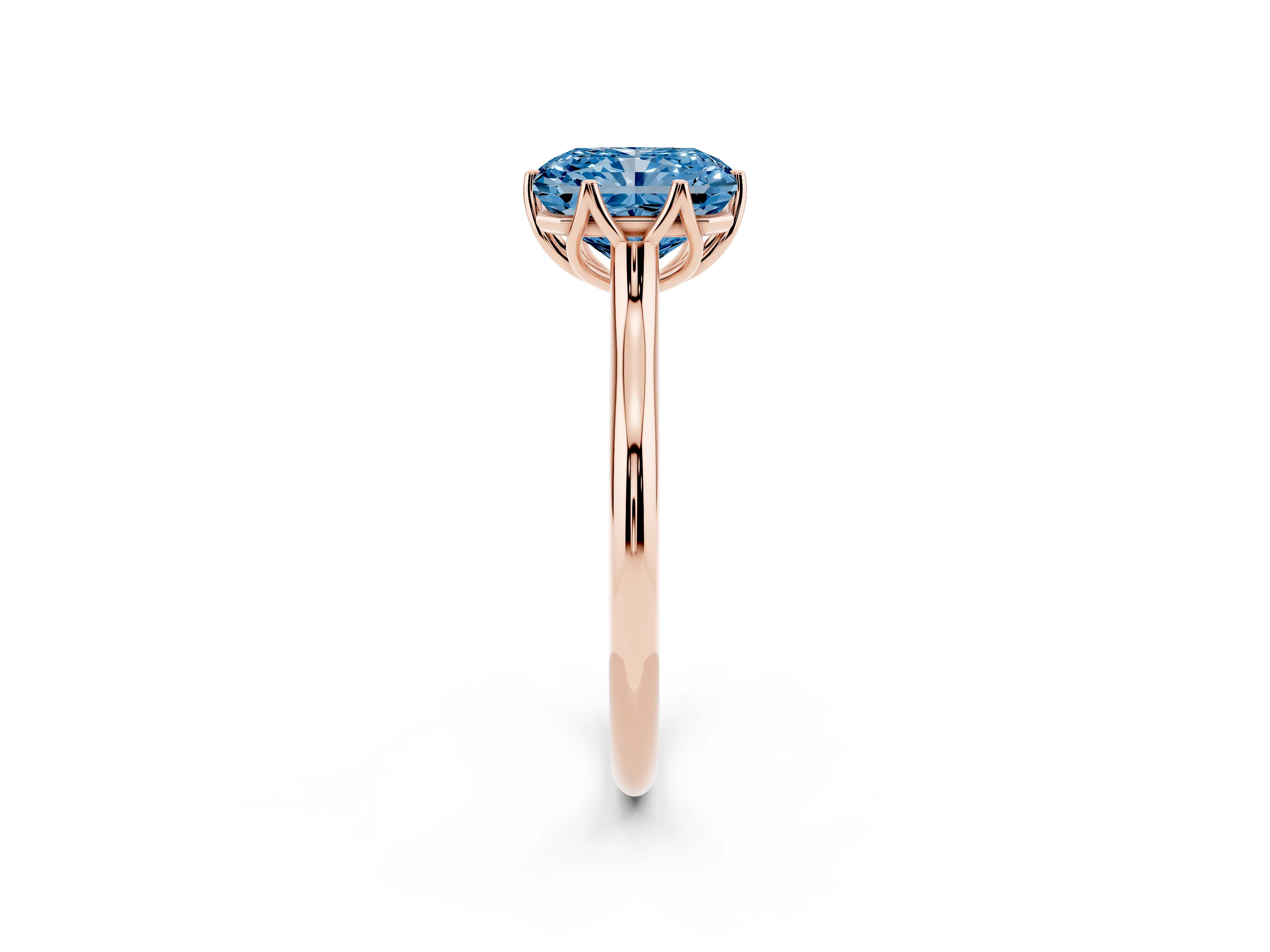 Fancy Blue Radiant Cut Diamond Solitaire Cathedral Ring Set in Rose gold with Prong Setting