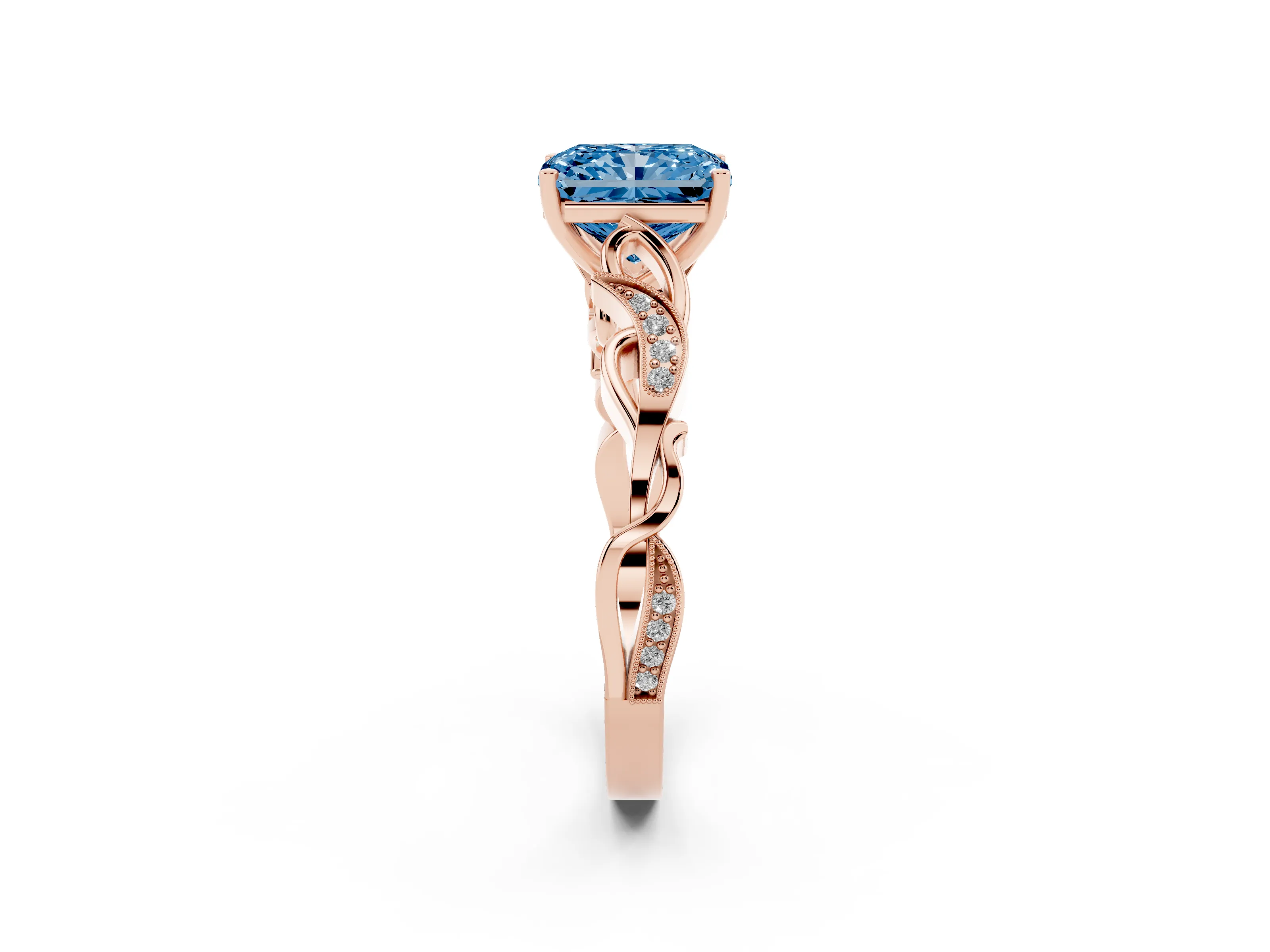 Fancy Blue Radiant Cut Diamond Vine Band Solitaire Ring Set in Rose gold with Milgrain Prong Setting