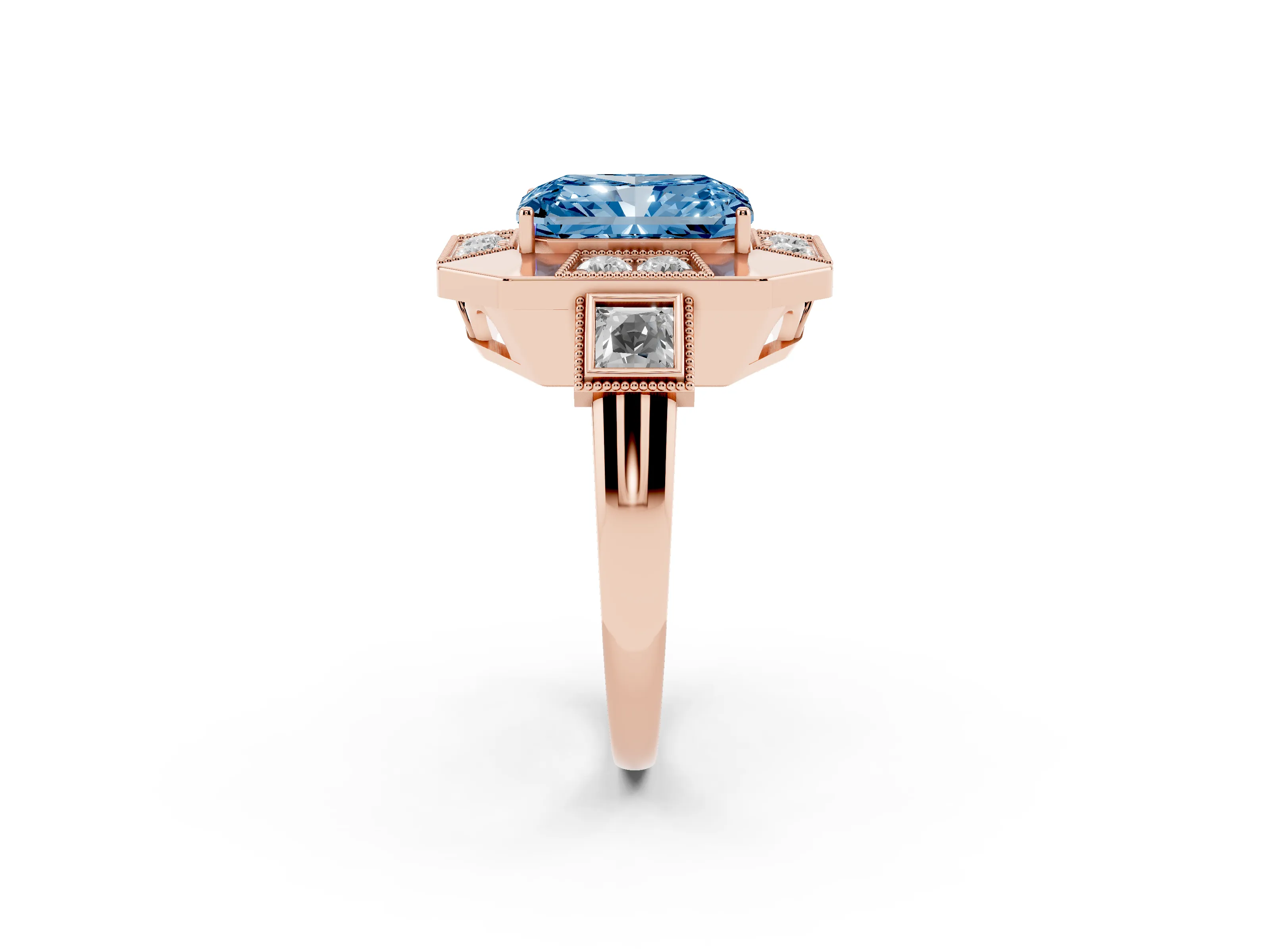 Fancy Blue Radiant Cut Diamond Milgrain Halo Ring Set in Rose gold with Split Shank