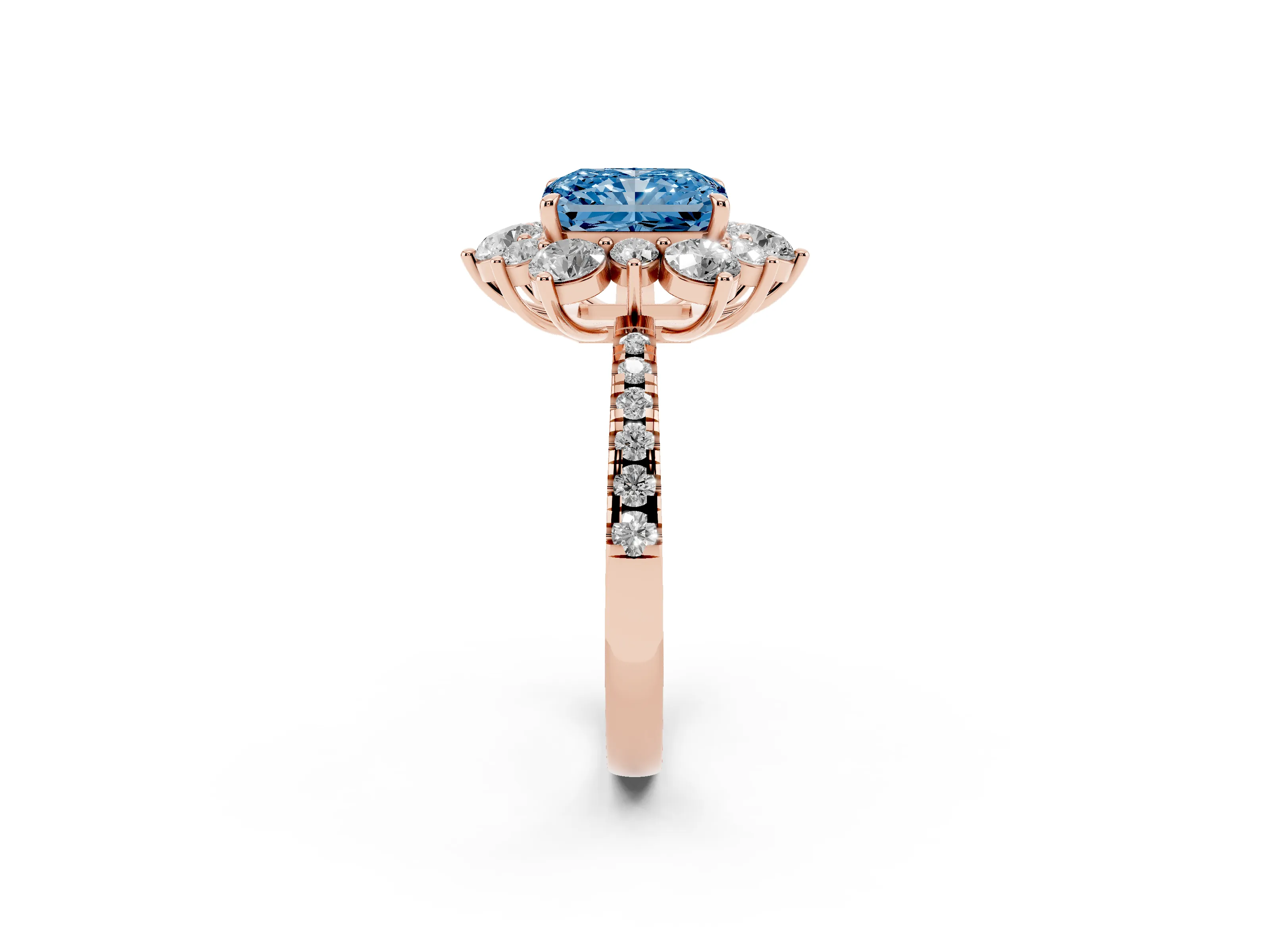 Fancy Blue Radiant Cut Diamond Floral Halo Ring Set in Rose gold with Round Pavé Band and Prong Setting