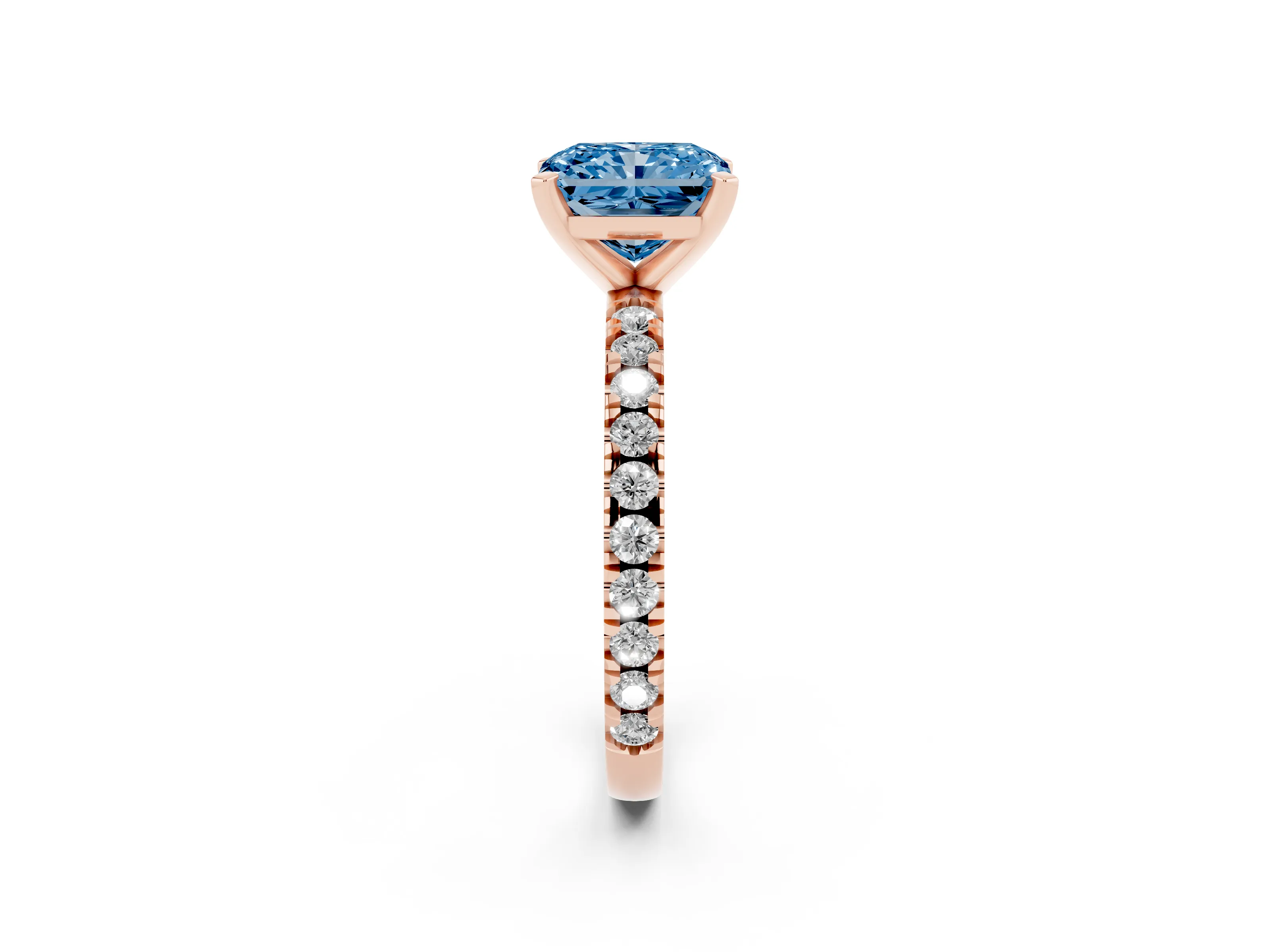 Fancy Blue Radiant Cut Diamond Pavé Band Solitaire Set in Rose gold with Prong Setting