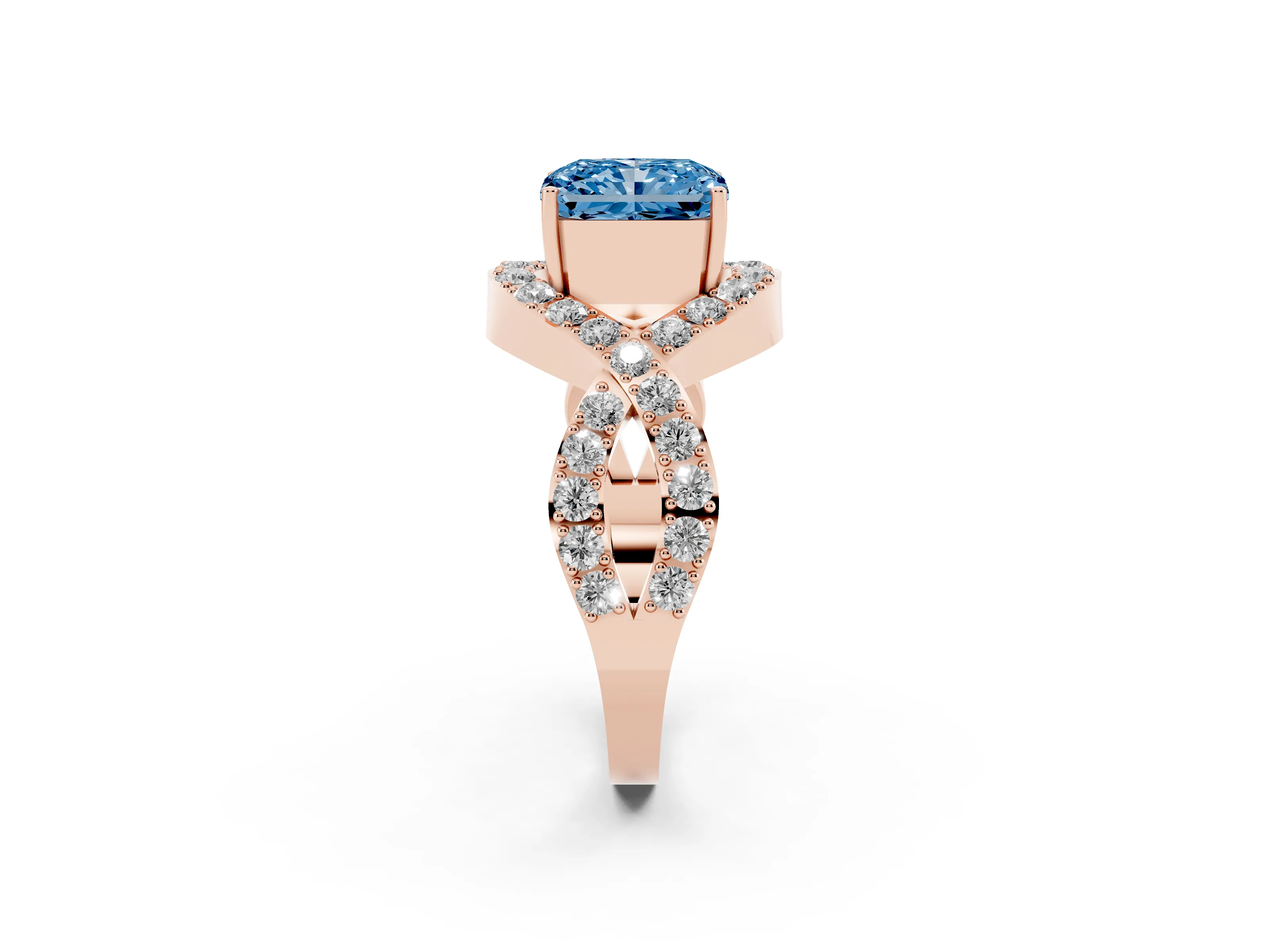 Fancy Blue Radiant Cut Diamond Solitaire Twist Band Pavé Engagement Ring Set in Rose gold