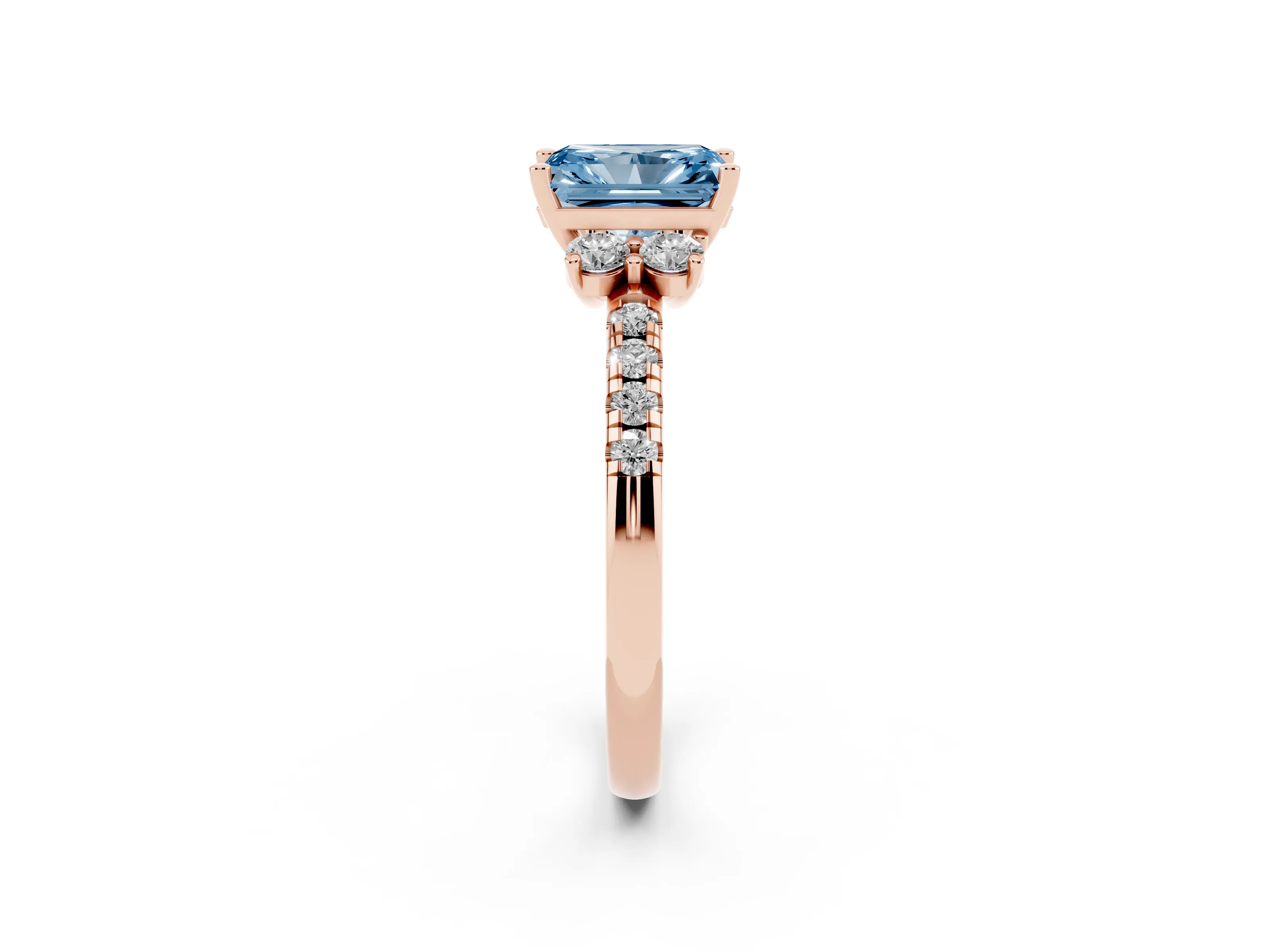 Fancy Blue Radiant Cut Diamond Three-Stone Pavé Ring Set in Rose gold with Prong Setting