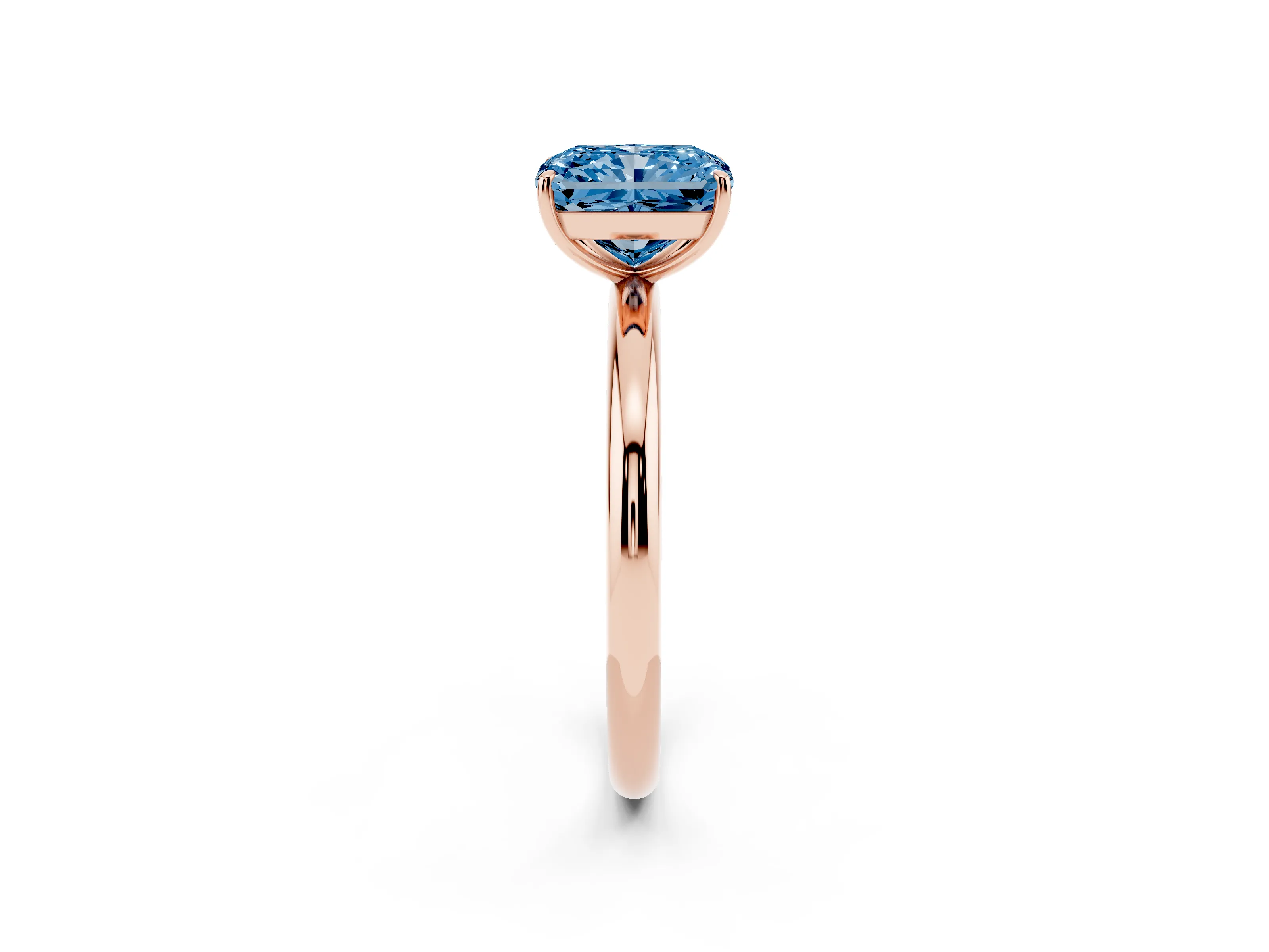 Fancy Blue Radiant Cut Diamond Solitaire Ring Set in Rose gold with Prong Setting on a Polished Plain Band