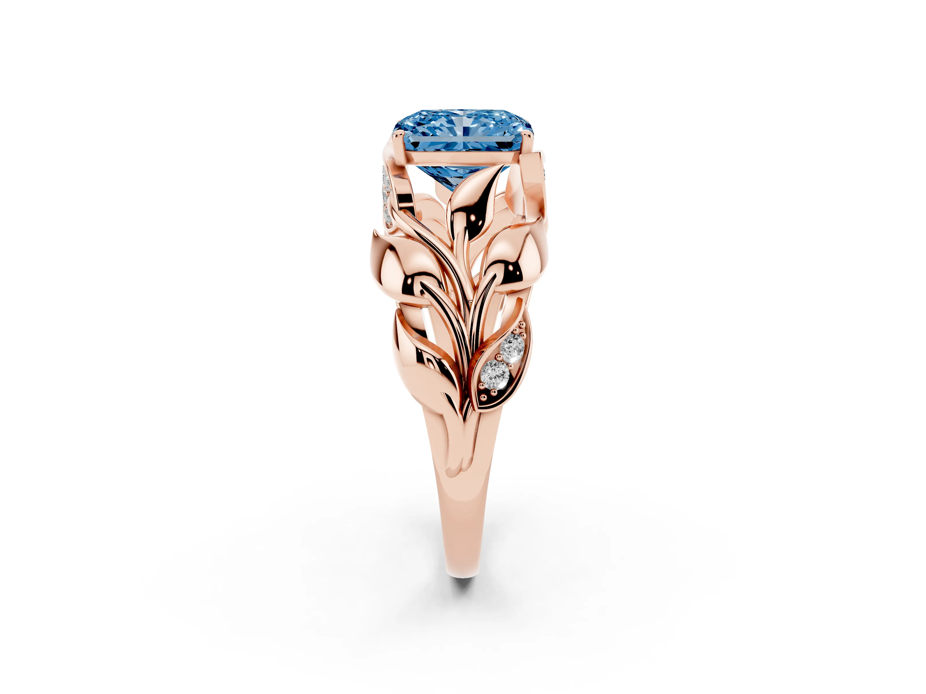 Fancy Blue Radiant Cut Diamond Leaf-Inspired Engagement Ring Set in Rose gold with Round Accents