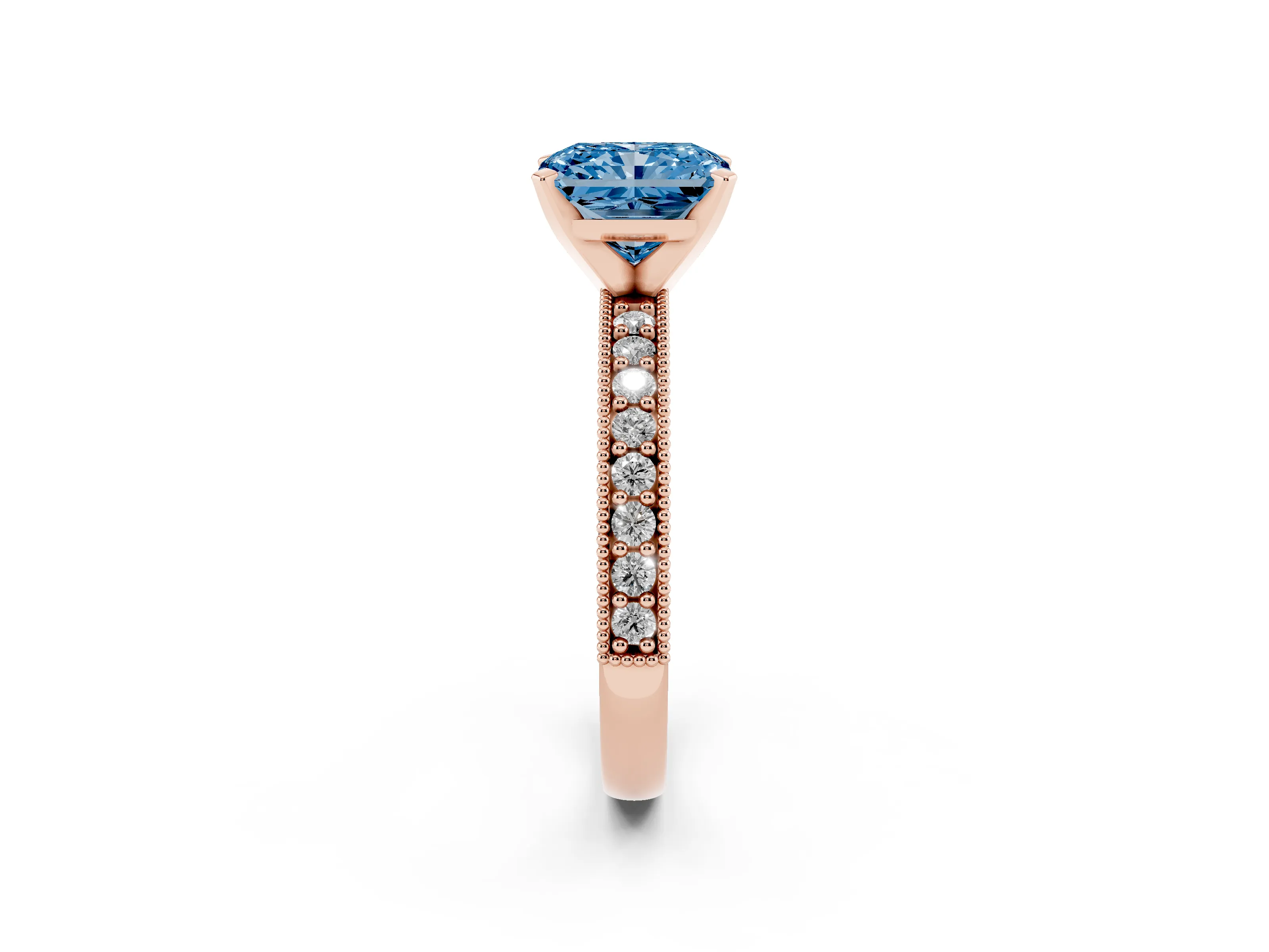 Fancy Blue Radiant Cut Diamond Milgrain Pavé Engagement Ring Set in Rose gold with Prong Setting