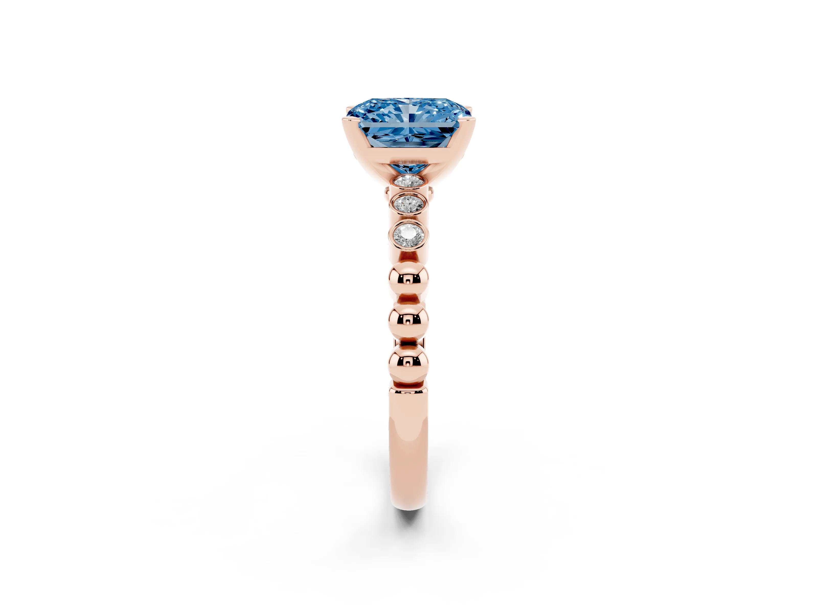 Fancy Blue Radiant Cut Diamond Solitaire Engagement Ring Set in Rose gold with Bezel Accents on Beaded Band