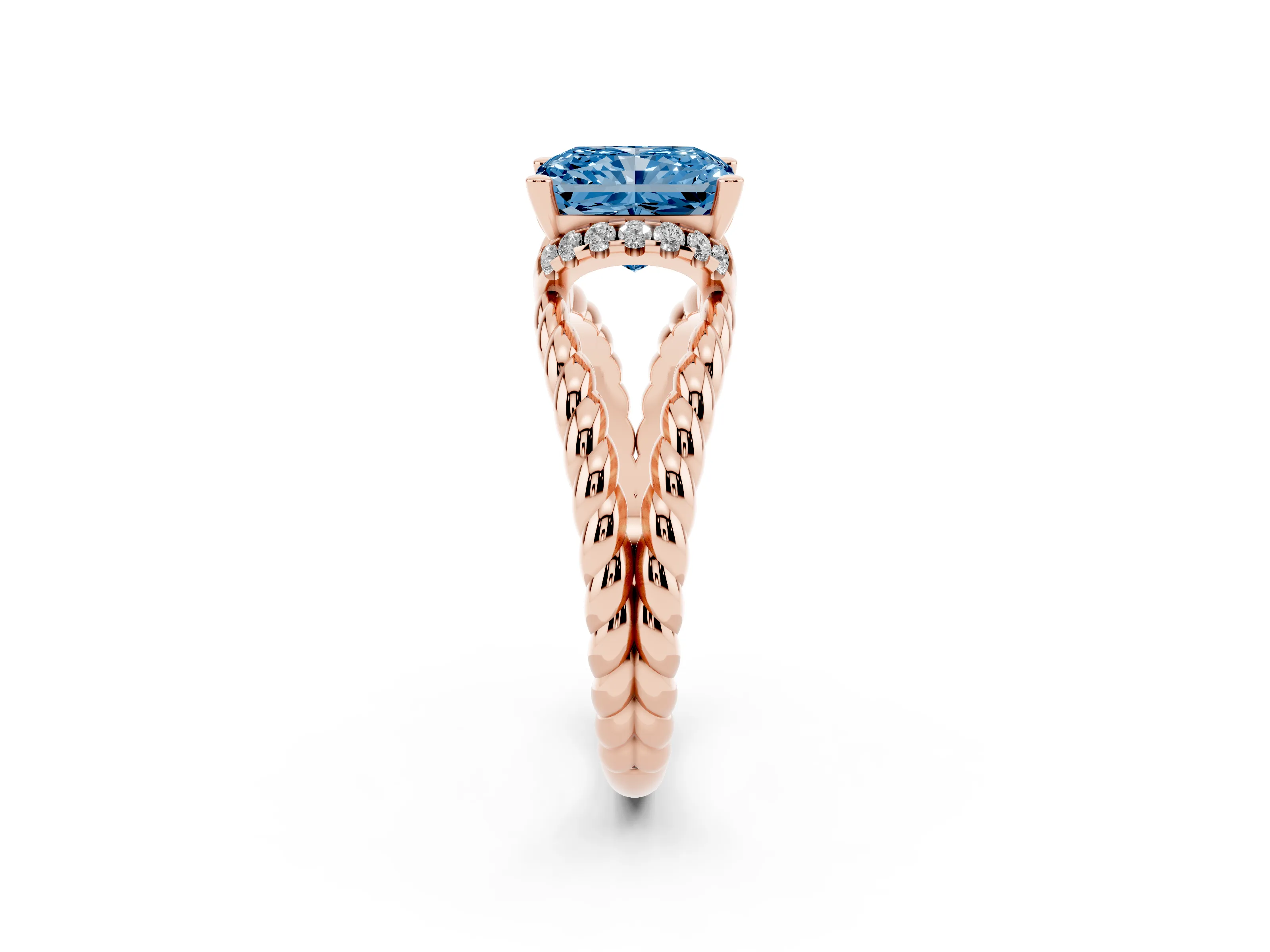 Fancy Blue Radiant Cut Diamond Halo Ring Set in Rose gold with Twisted Band and Prong Setting
