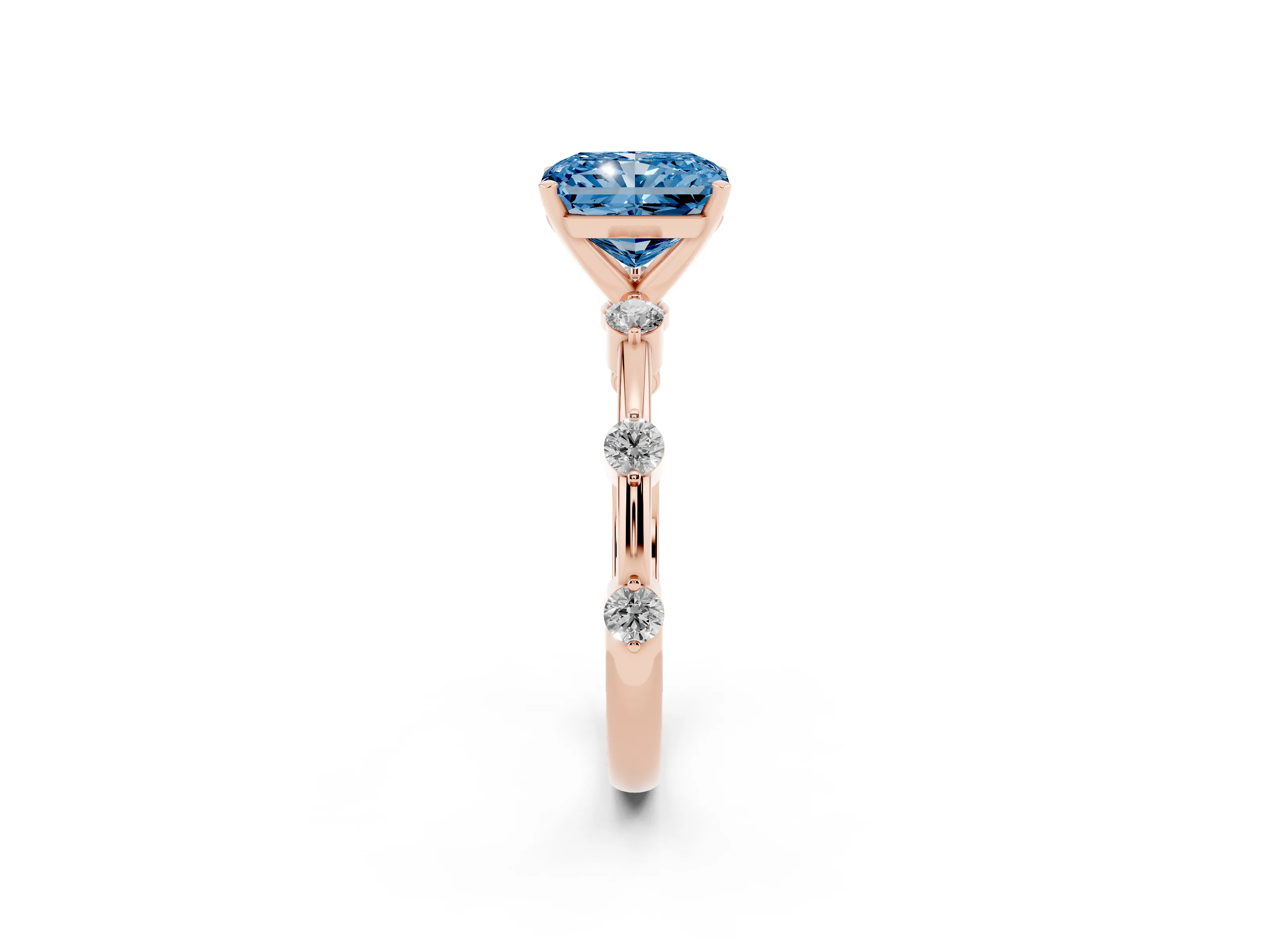 Fancy Blue Radiant Cut Diamond Solitaire Ring Set in Rose gold with Bezel Set Side Stones and Prong Setting