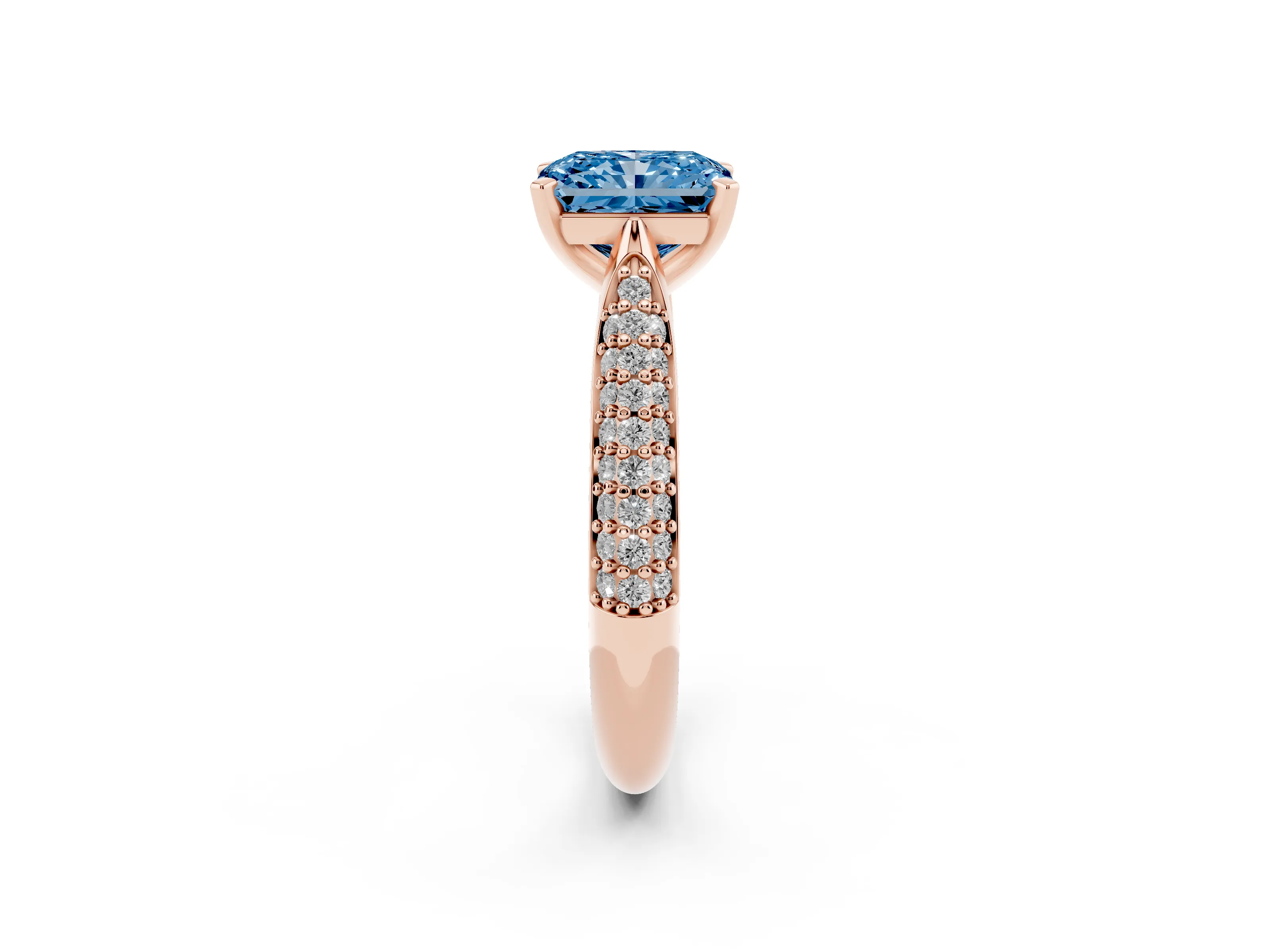 Fancy Blue Radiant Cut Diamond Solitaire Engagement Ring Set in Rose gold with Multi-Row Round Pavé Band and Prong Setting