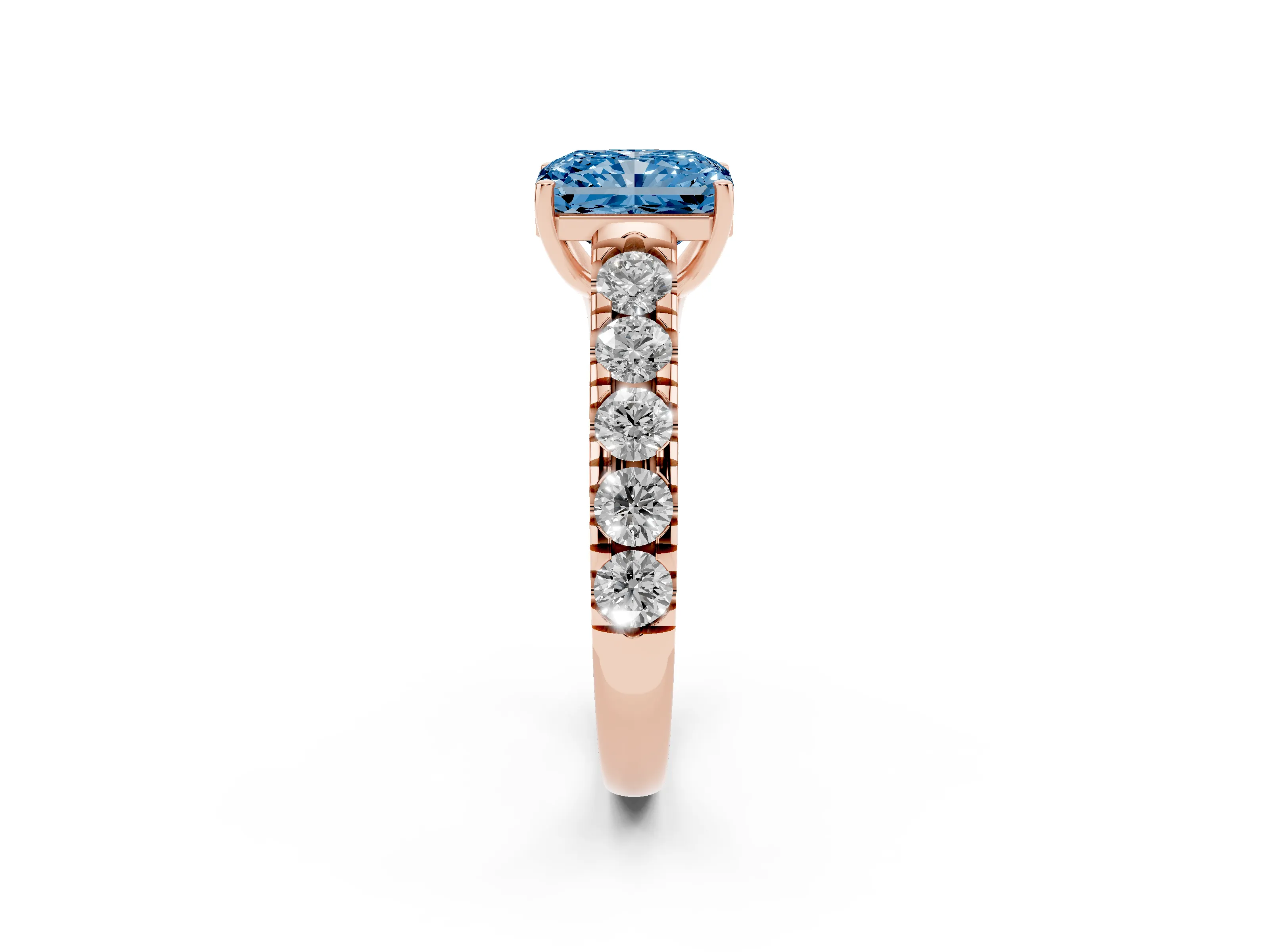 Fancy Blue Radiant Cut Diamond Solitaire Ring Set in Rose gold with Cut-Down Micro Pavé Band and Prong Setting