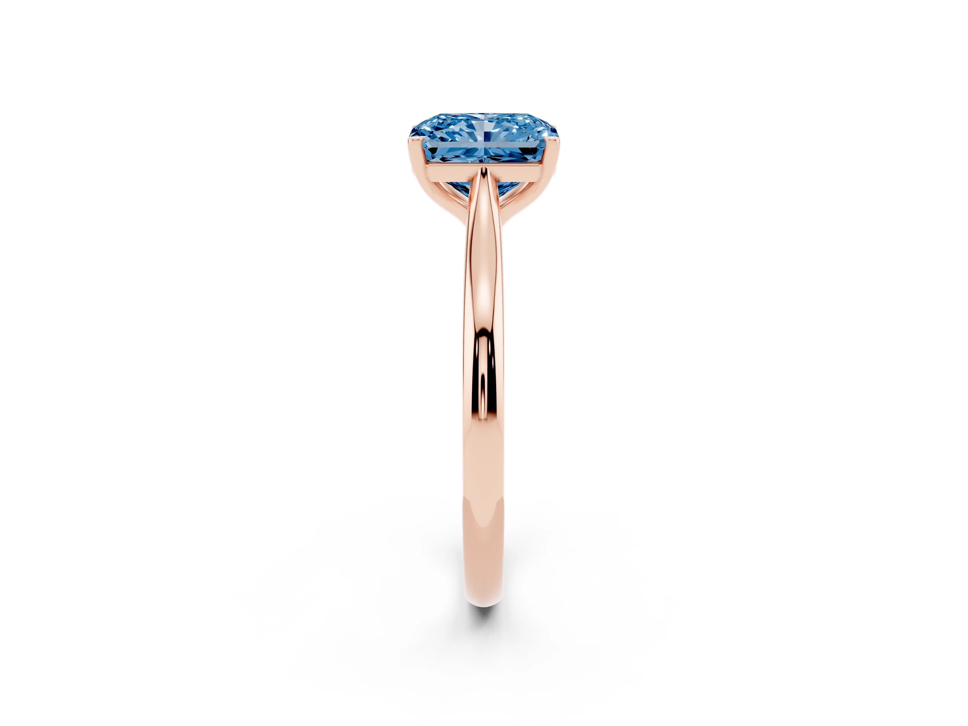 Fancy Blue Radiant Cut Diamond Solitaire Ring Set in Rose gold with Cathedral Band and Prong Setting