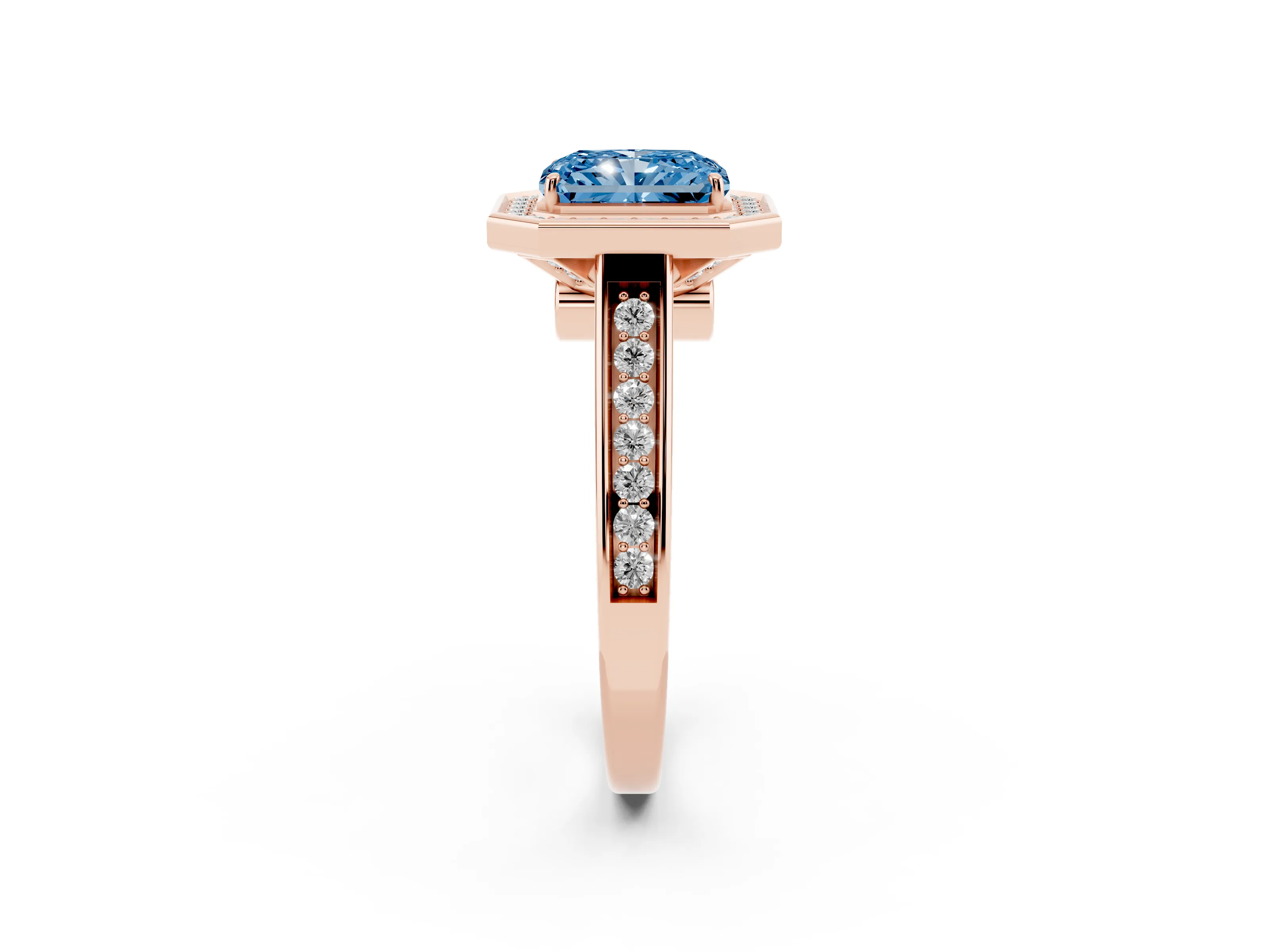 Fancy Blue Radiant Cut Diamond Halo Solitaire Ring Set in Rose gold with Pavé Band and Bezel Setting