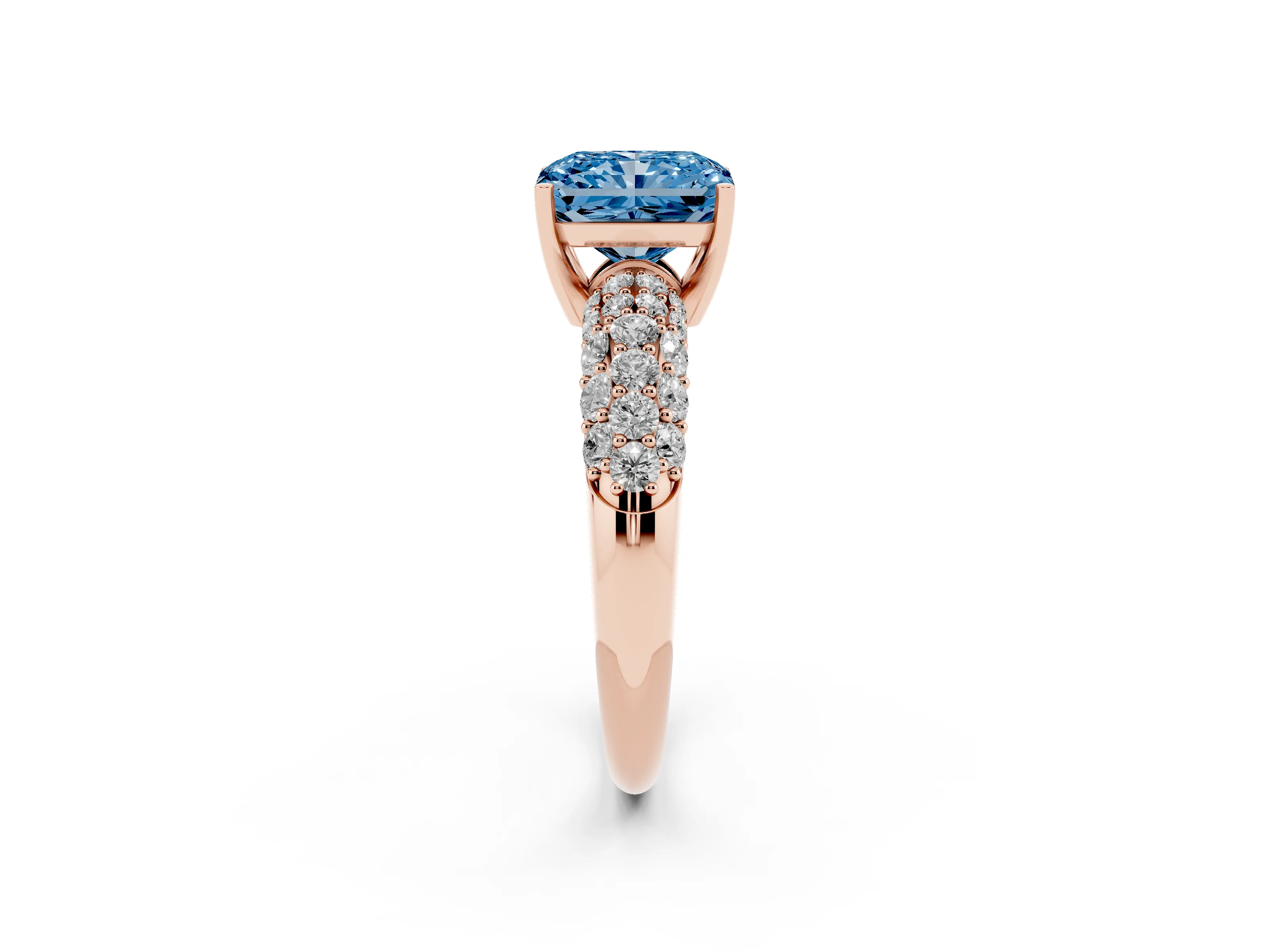 Fancy Blue Radiant Cut Diamond Pavé Band Solitaire Ring Set in Rose gold with Close-Set Accent Stones and Prong Setting