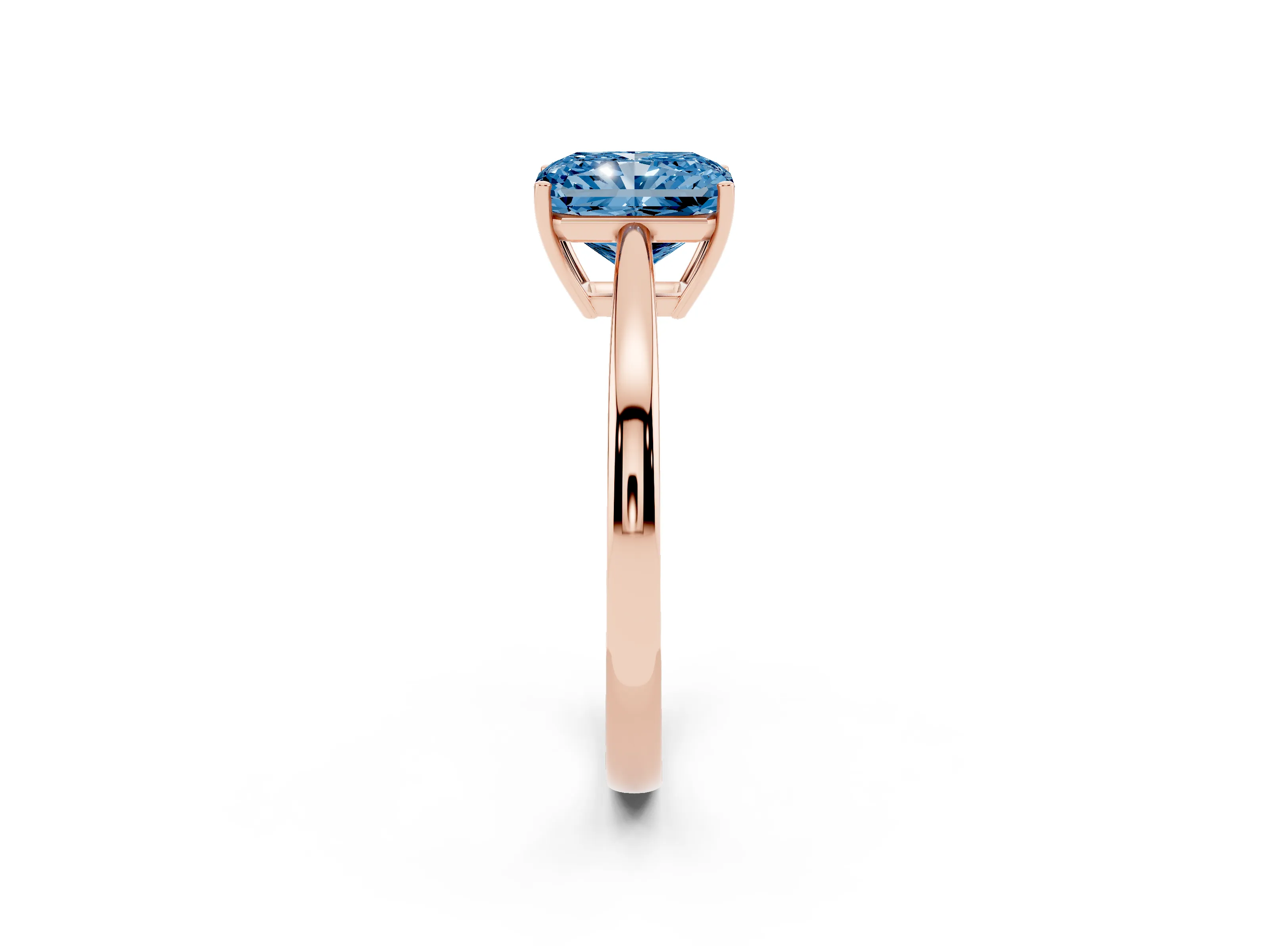 Fancy Blue Radiant Cut Diamond Solitaire Ring Set in Rose gold with Split Shank and Prong Setting