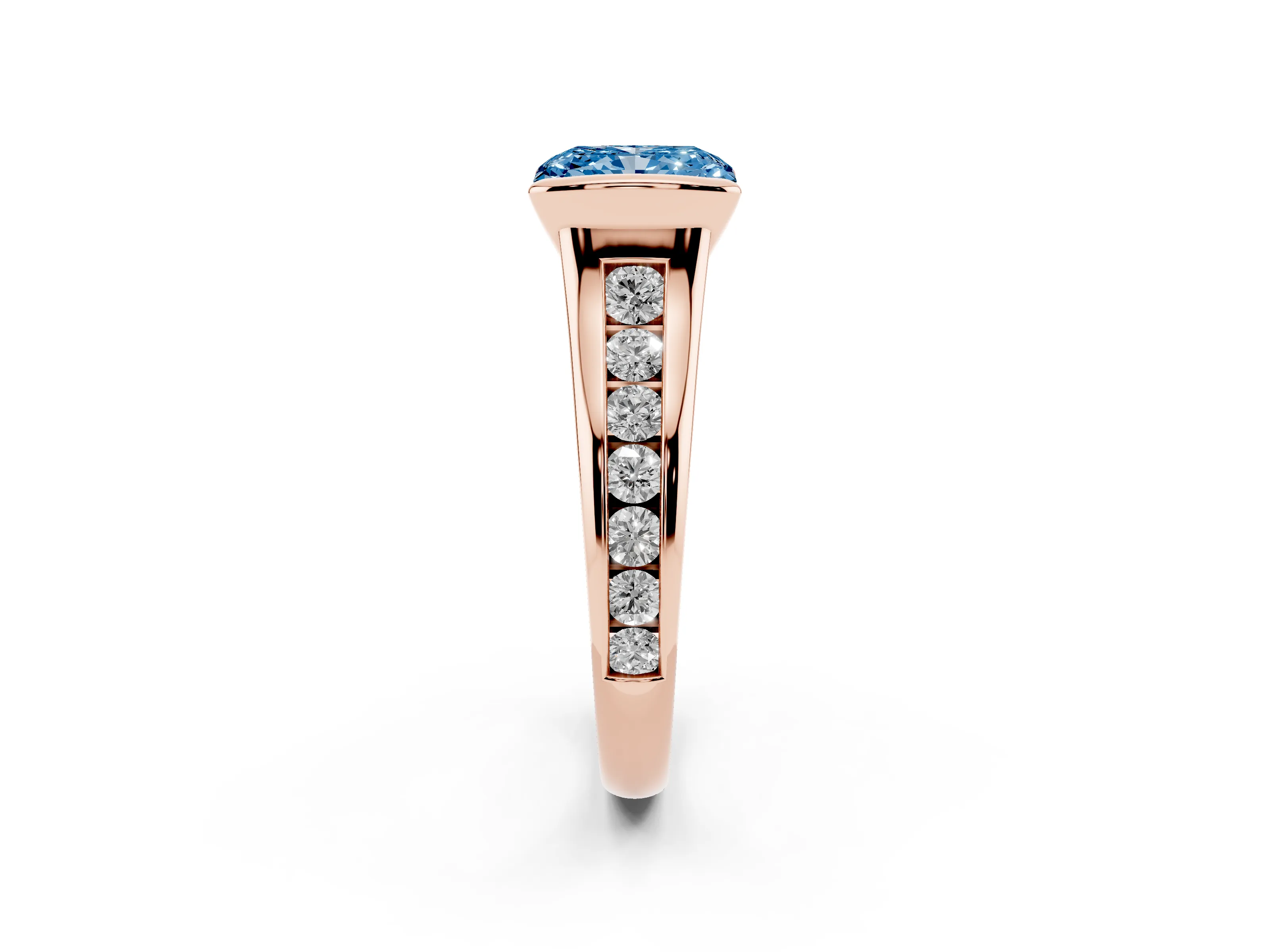 Fancy Blue Radiant Cut Diamond Bezel-Set Solitaire Ring Set in Rose gold with Channel-Set Band