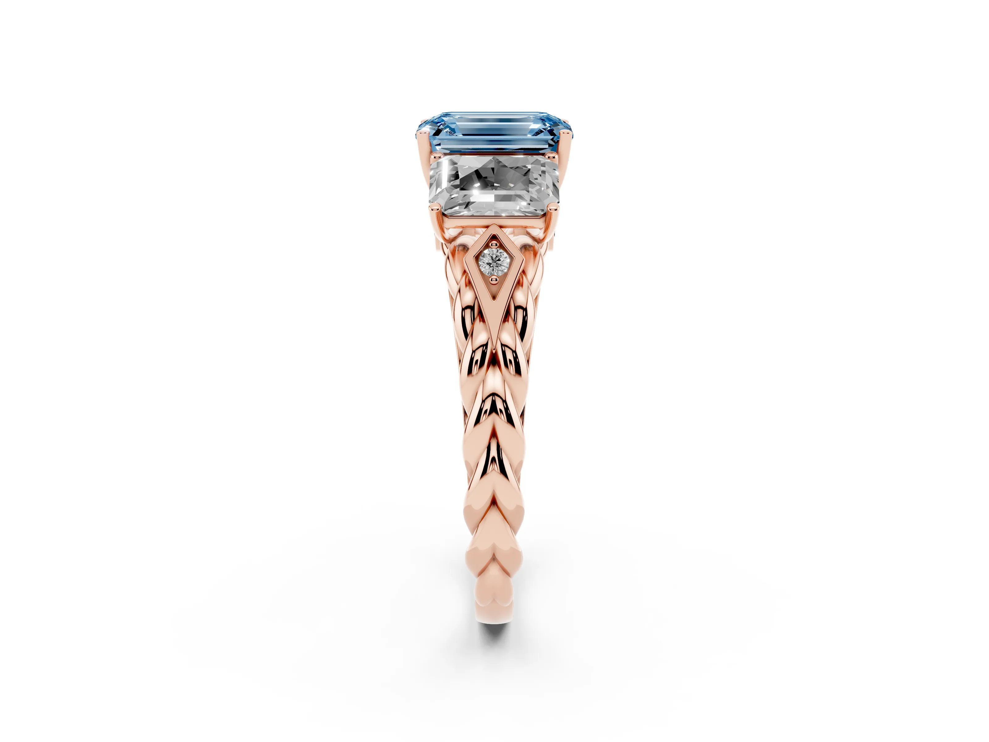 Fancy Blue Radiant Cut Diamond Three-Stone Ring Set in Rose gold with Braided Band