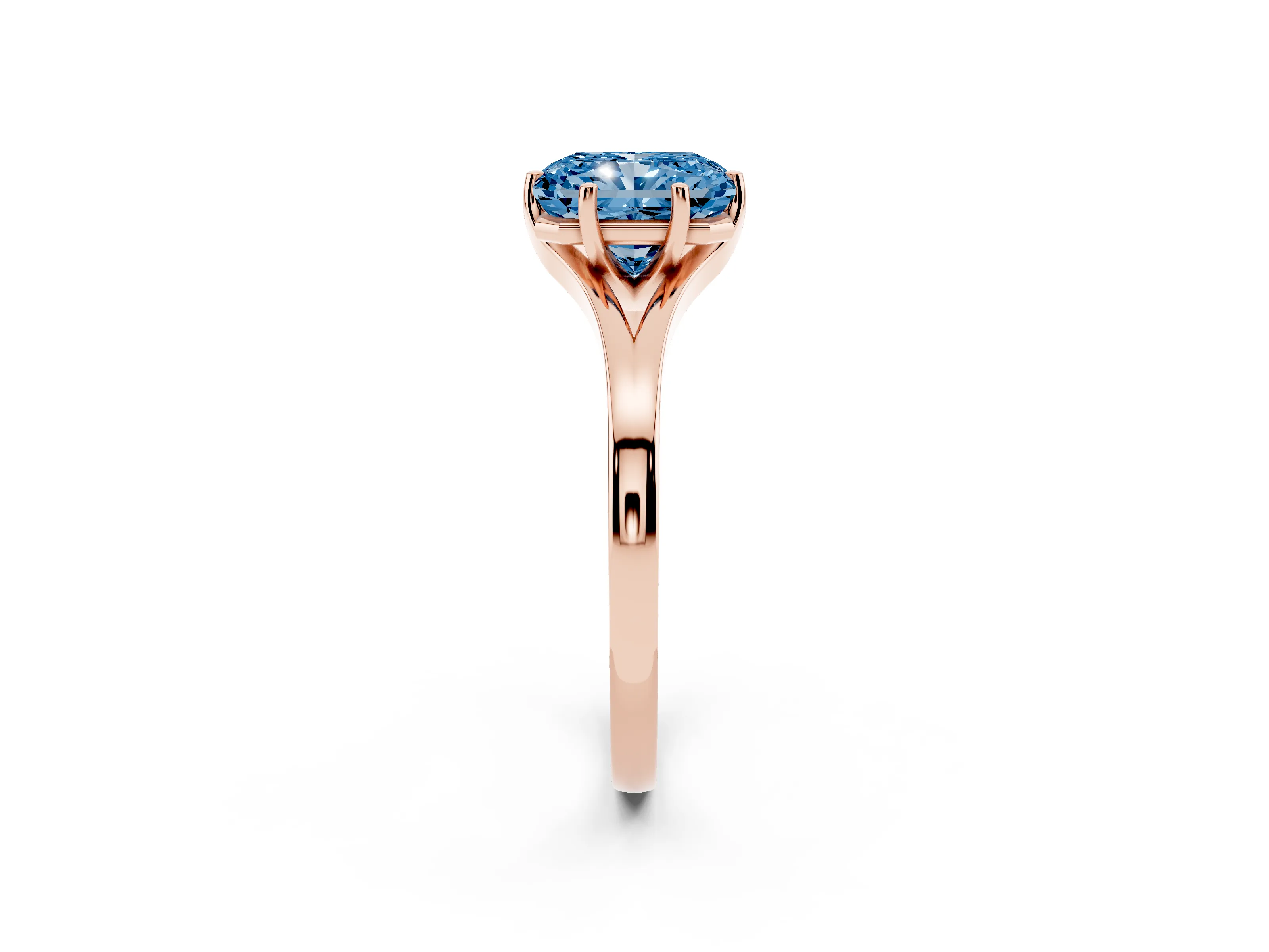 Fancy Blue Radiant Cut Diamond Solitaire Ring Set in Rose gold with Polished Tapered Band and Prong Setting