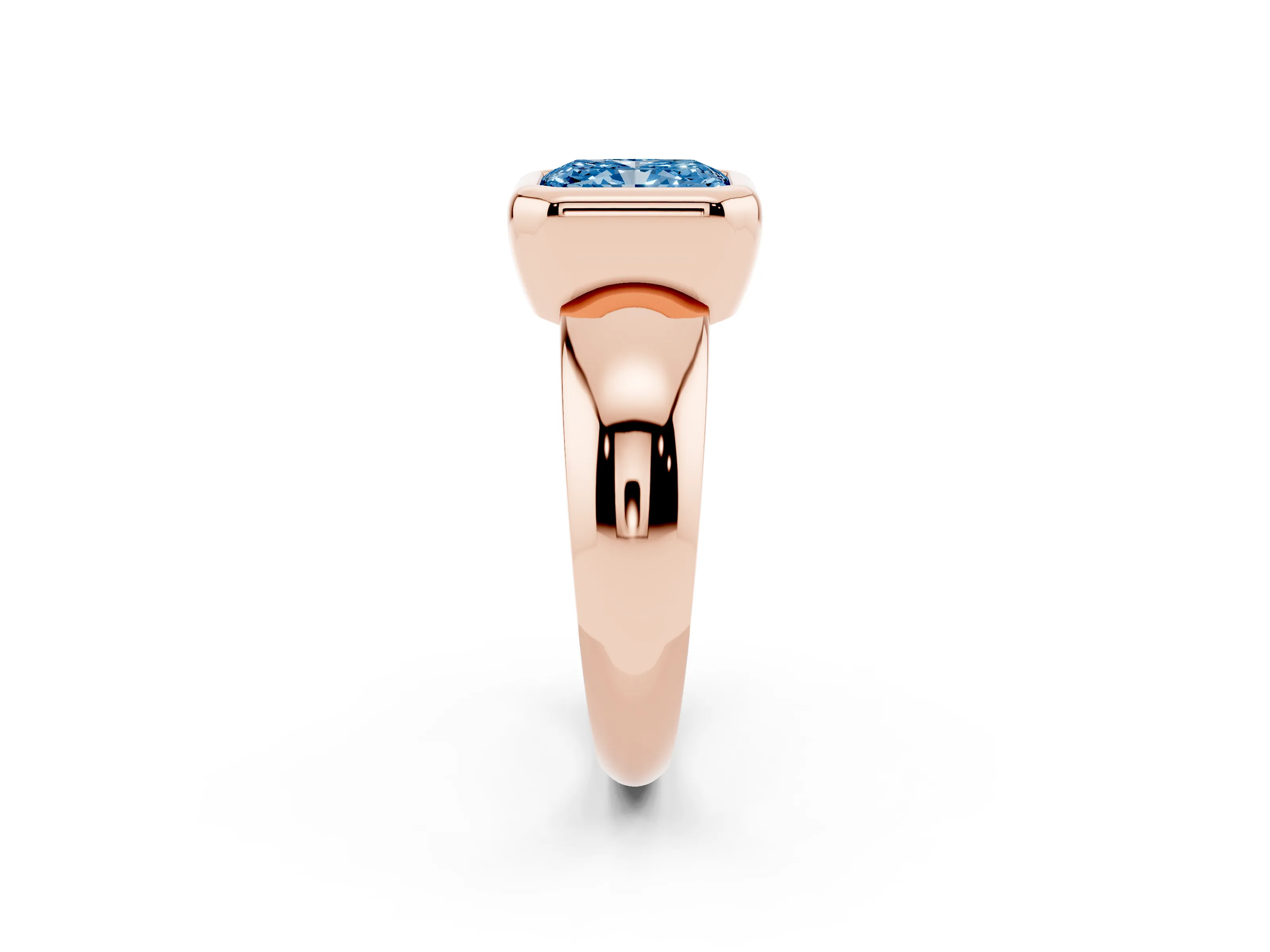 Fancy Blue Bezel Set Radiant Cut Diamond Solitaire Ring Set in Rose gold with Wide Band