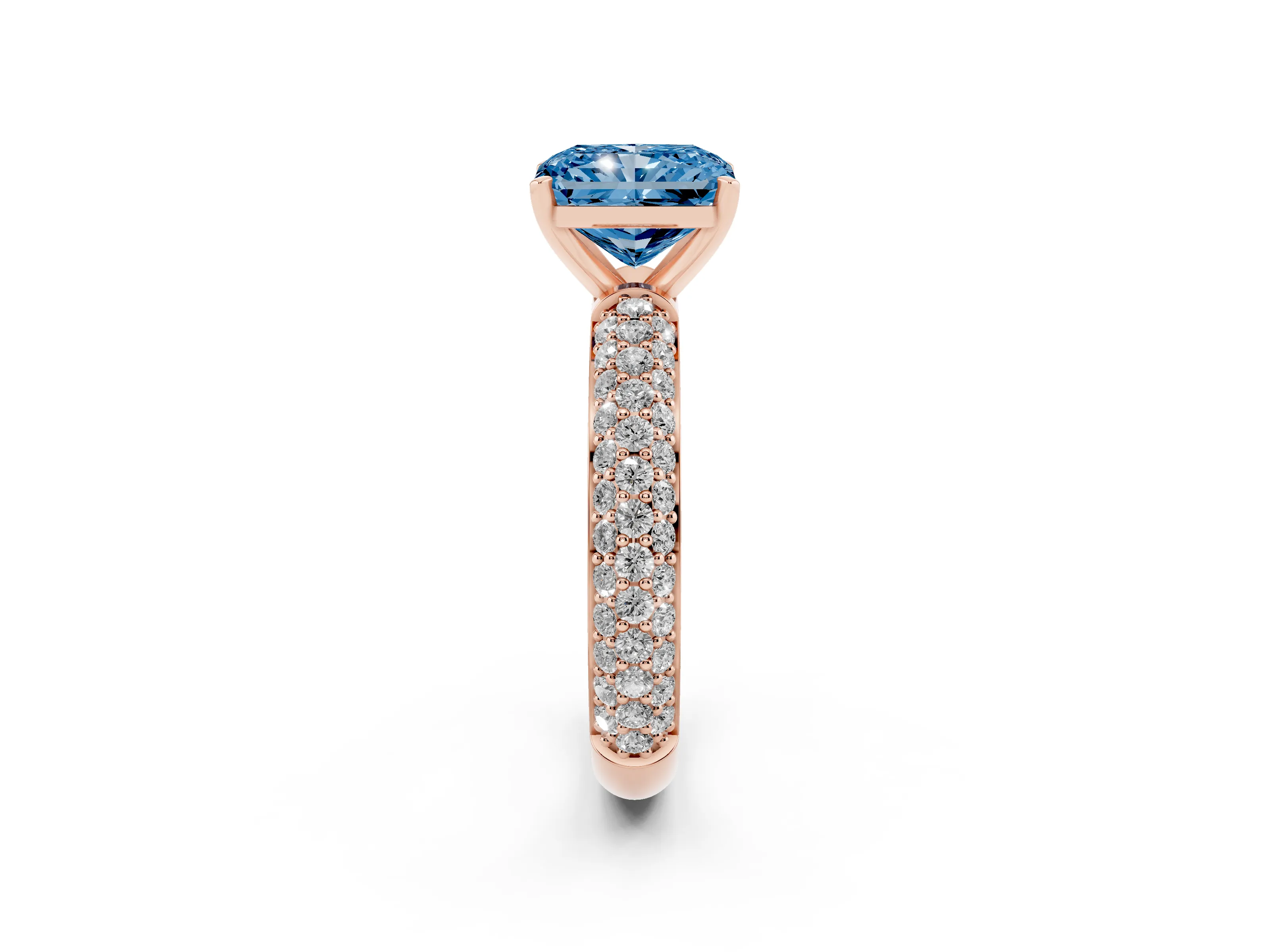 Fancy Blue Radiant Cut Diamond Solitaire Ring Set in Rose gold with Prong Setting and Pavé-Set Band