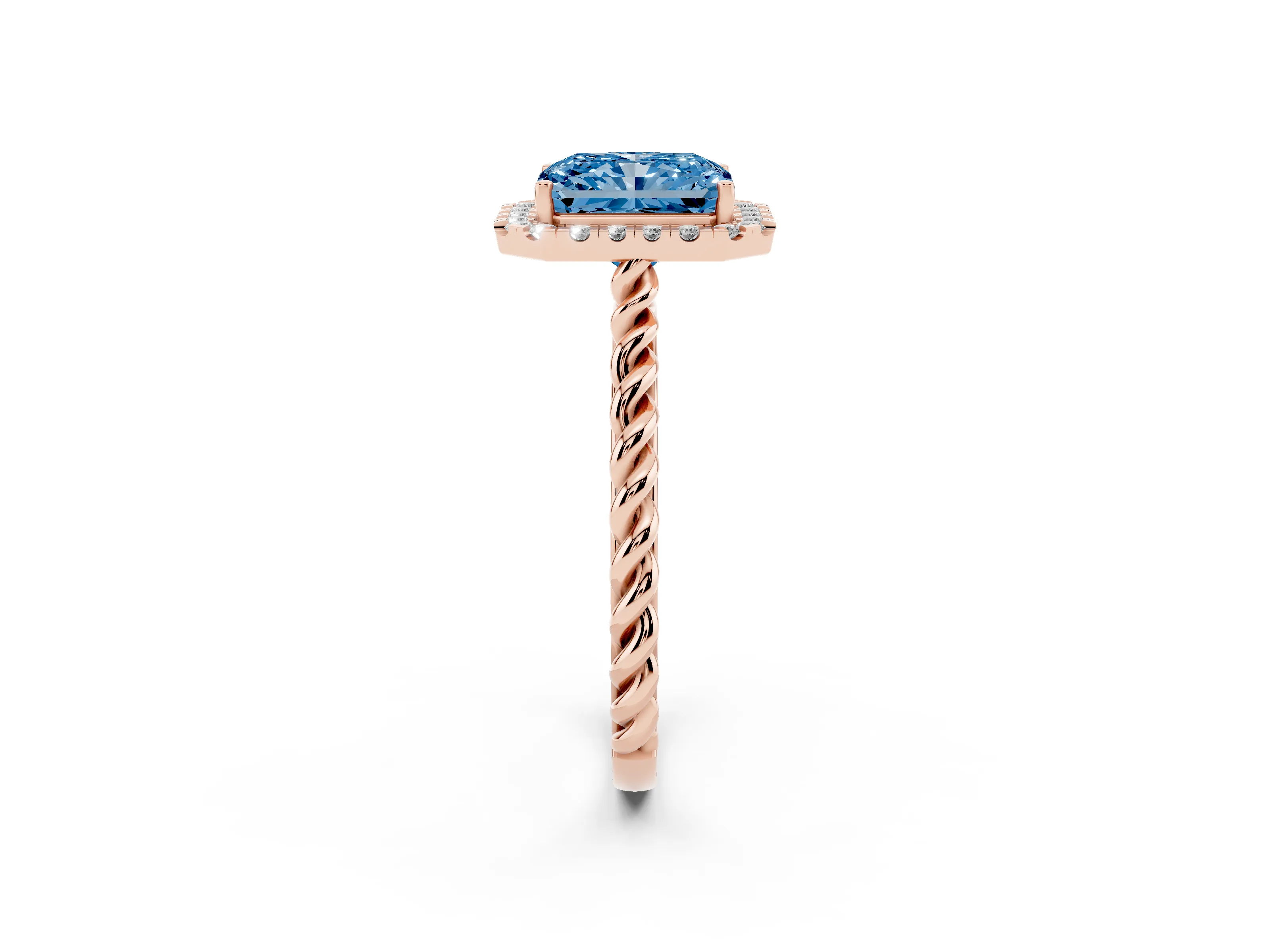 Fancy Blue Radiant Cut Diamond Halo Ring Set in Rose gold with Plain Twisted Band
