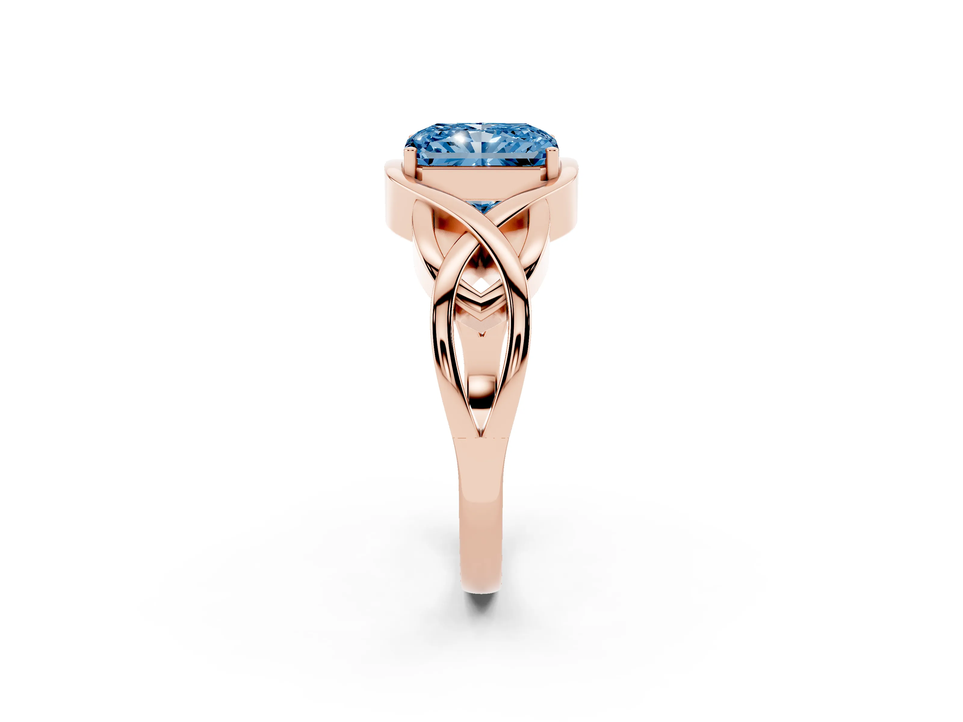 Fancy Blue Radiant Cut Diamond Solitaire Ring Set in Rose gold with Intertwined Band