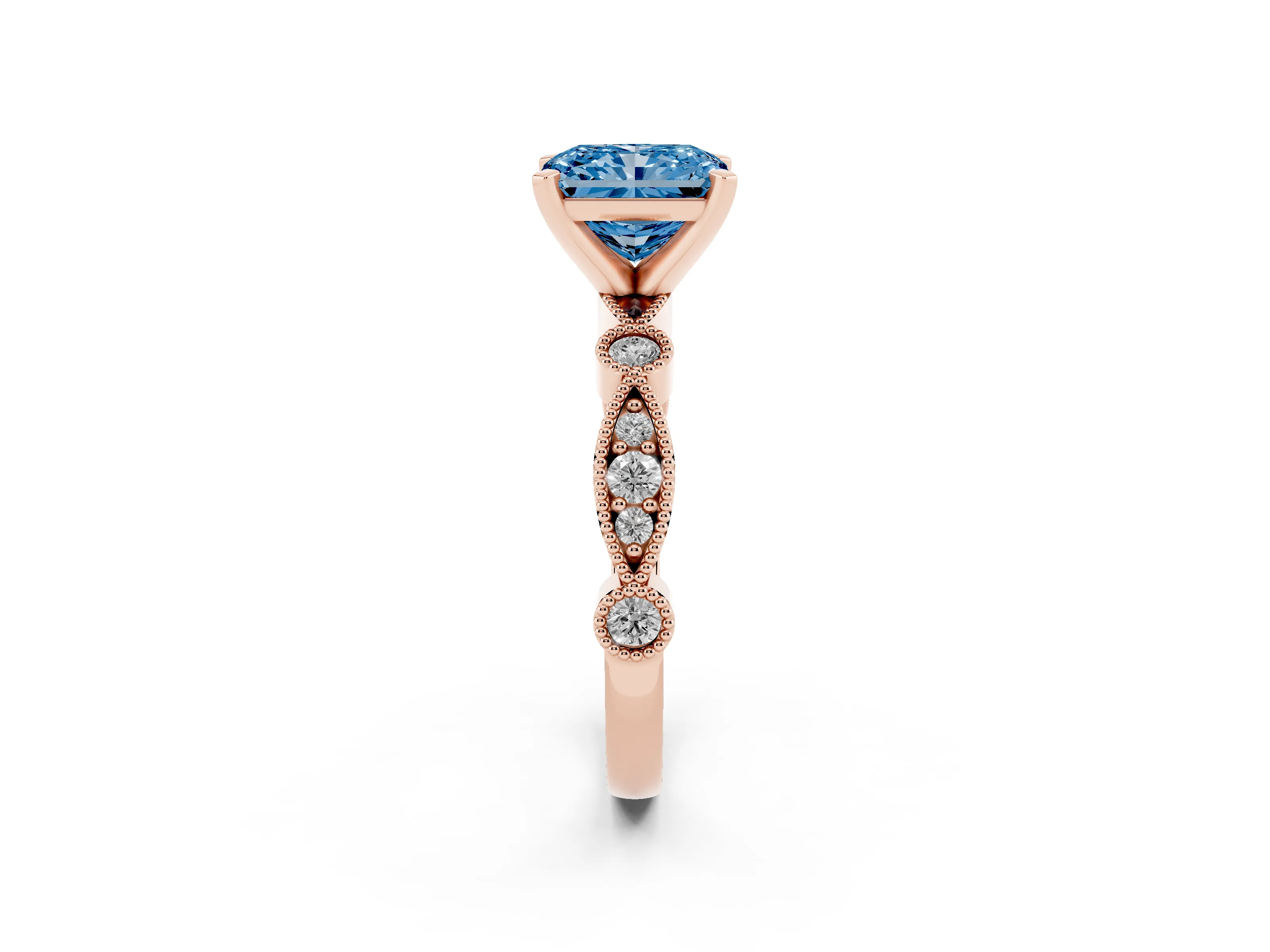 Fancy Blue Radiant Cut Diamond Solitaire Engagement Ring Set in Rose gold with Milgrain Bezel Accent Band