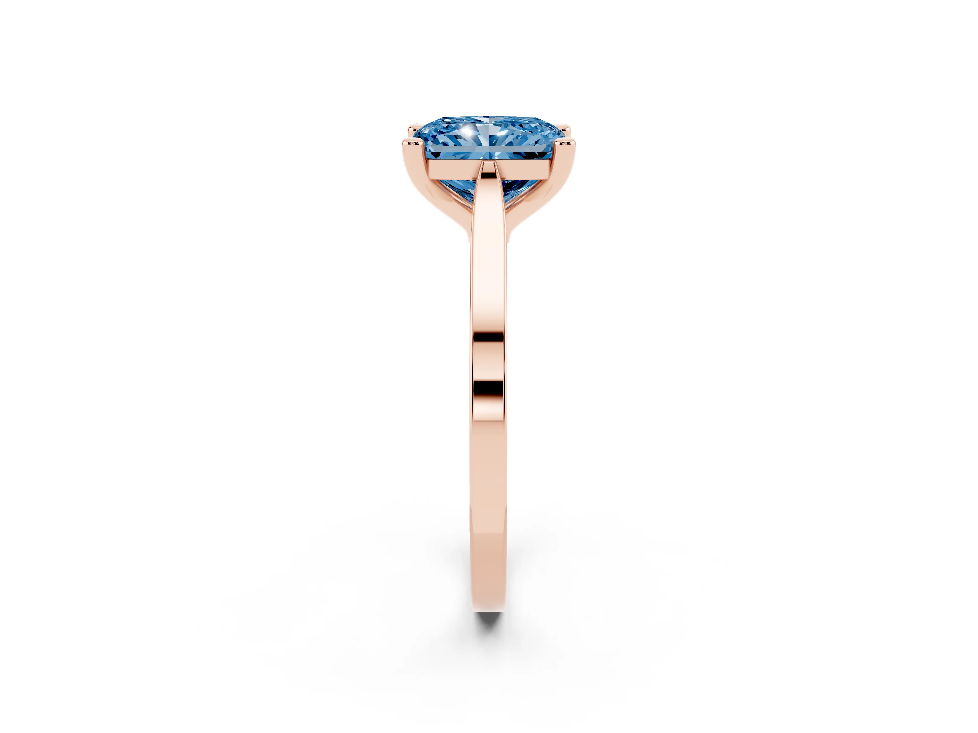 Fancy Blue Radiant Cut Diamond Solitaire Ring Set in Rose gold with Prong Setting and Tapered Band