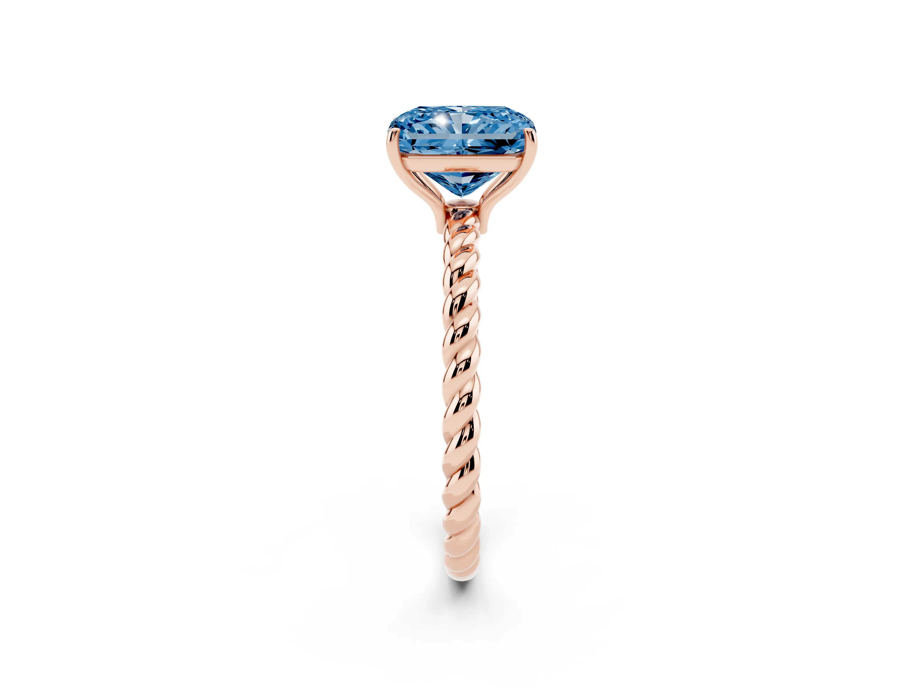 Fancy Blue Radiant Cut Diamond Solitaire Ring Set in Rose gold with Twist Band and Prong Setting
