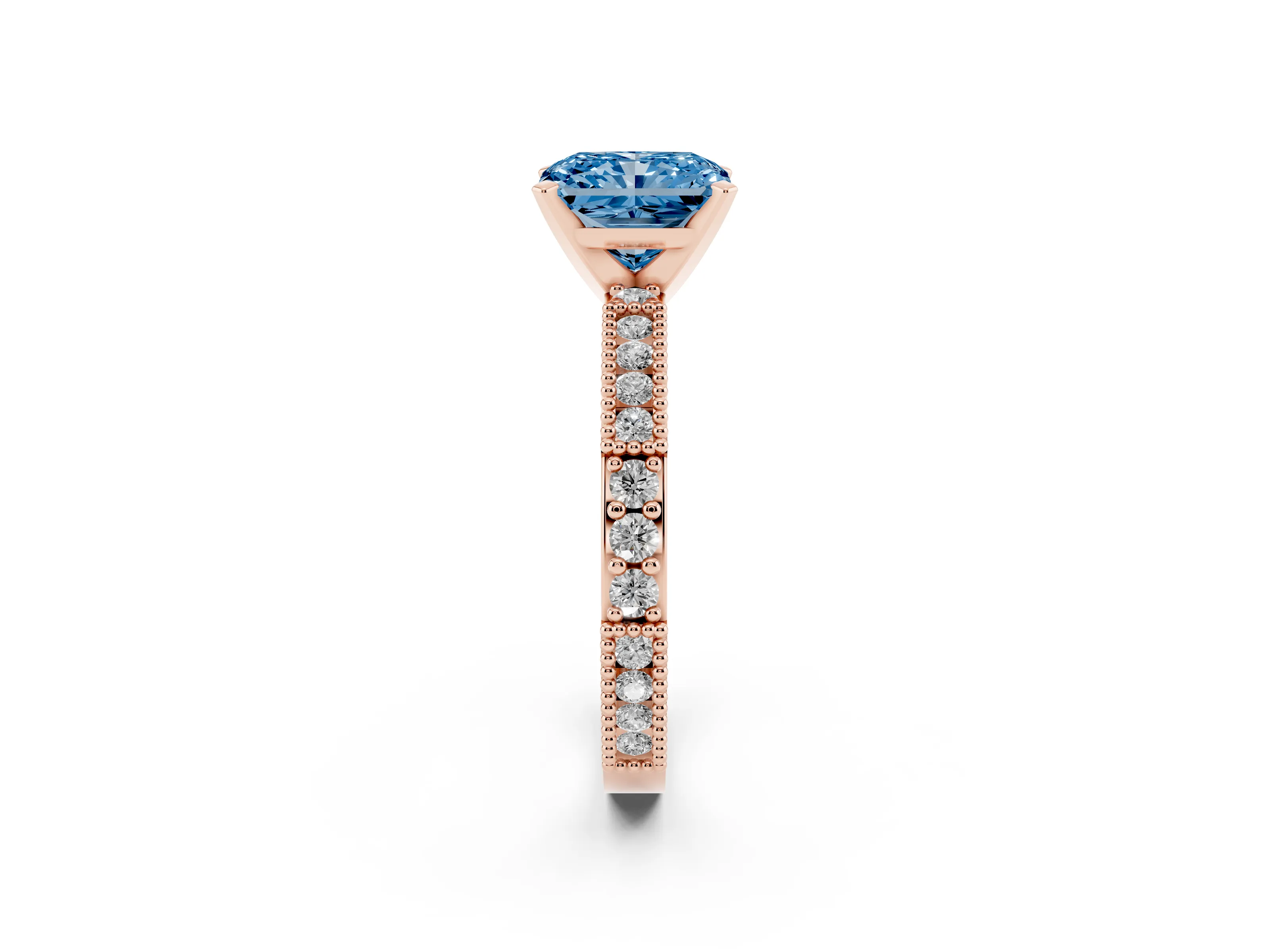 Fancy Blue Radiant Cut Diamond Solitaire Ring Set in Rose gold with Slim Pavé Band and Prong Setting