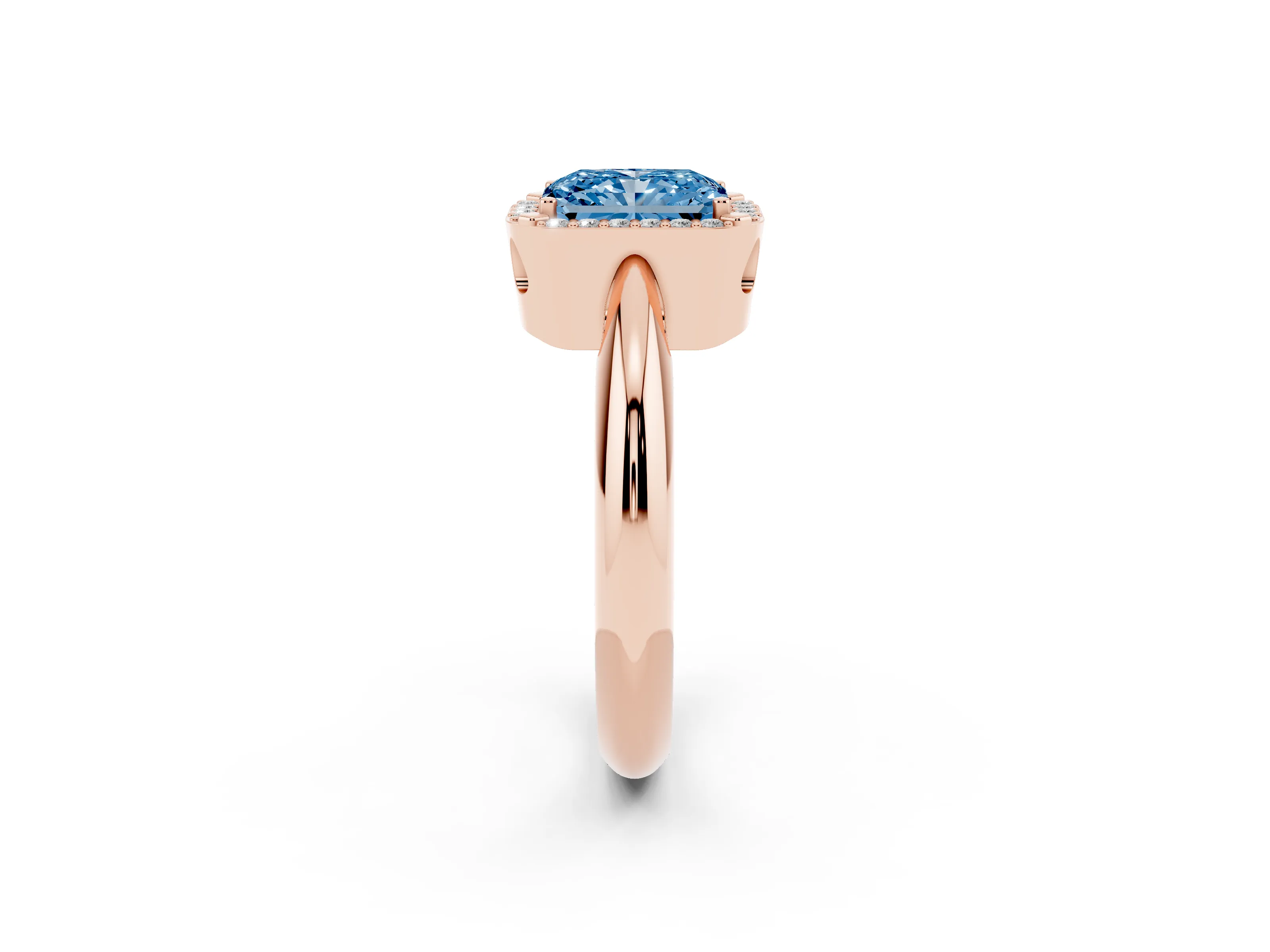 Fancy Blue Radiant Cut Diamond Halo Engagement Ring Set in Rose gold with Plain Split Shank and Prong Setting