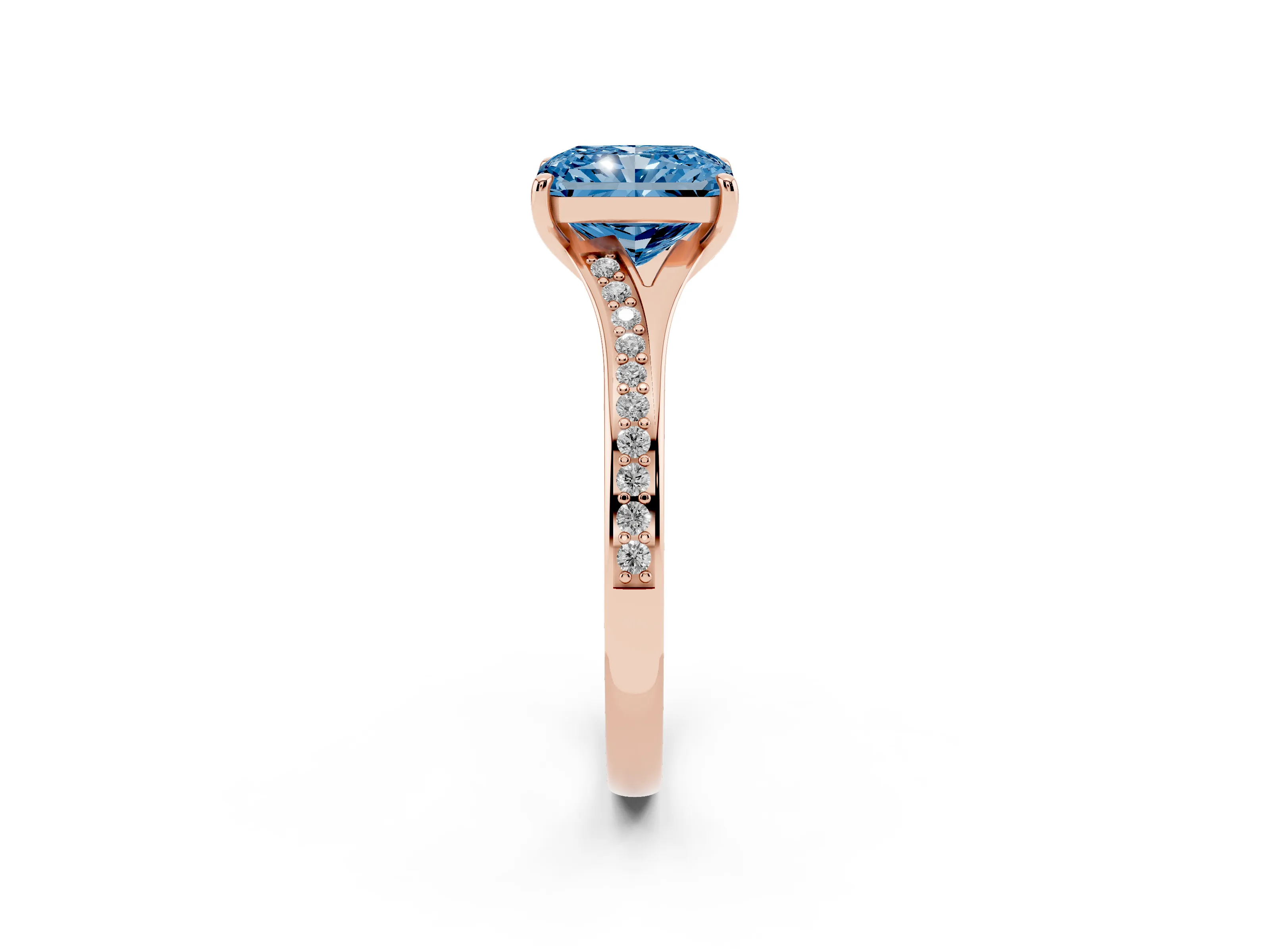 Fancy Blue Radiant Cut Diamond Solitaire Ring Set in Rose gold with Pavé Accent Band and Classic Prong Setting