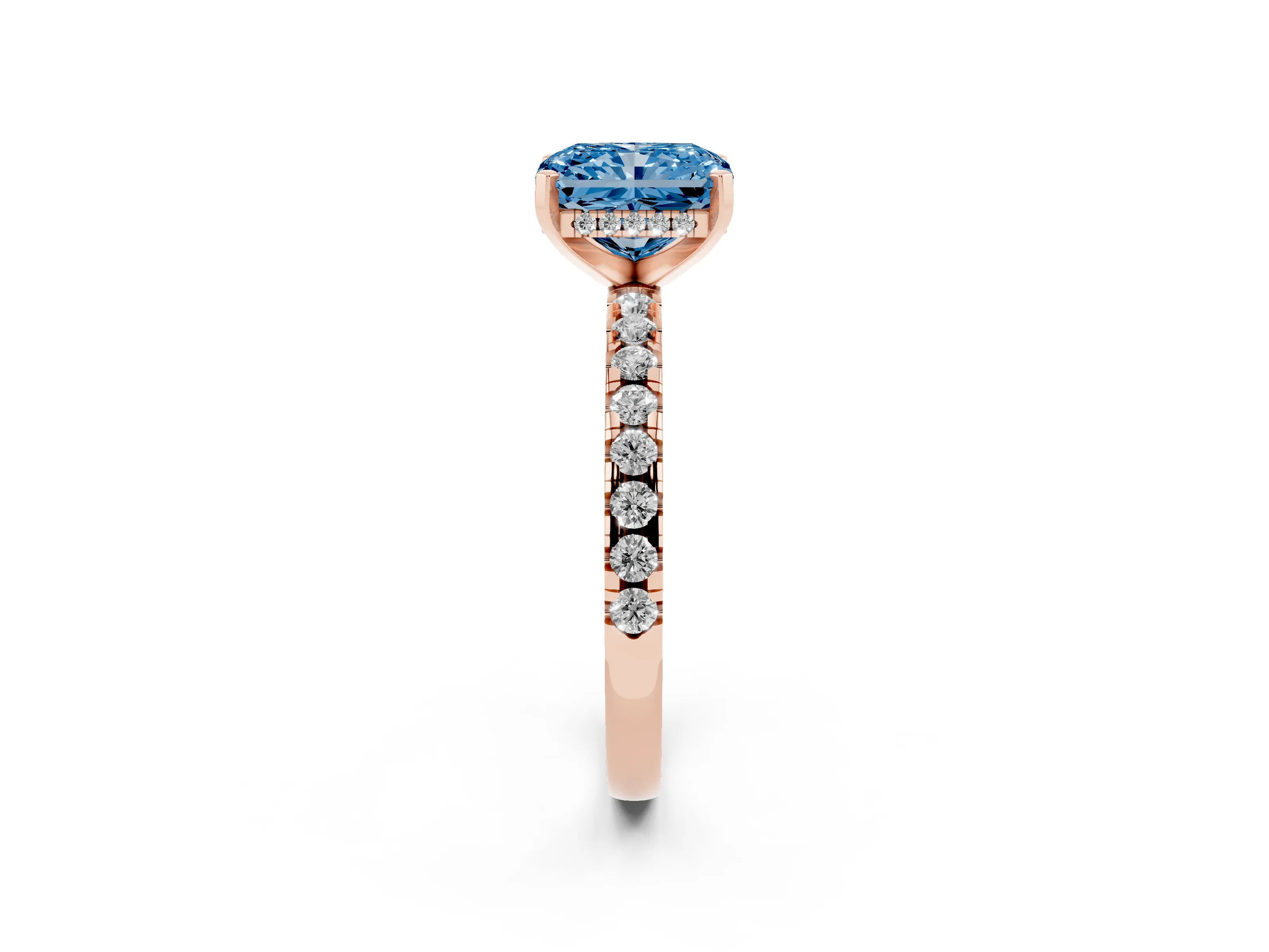 Fancy Blue Radiant Cut Diamond Pavé Solitaire Ring Set in Rose gold with Round Band Accents and Prong Setting