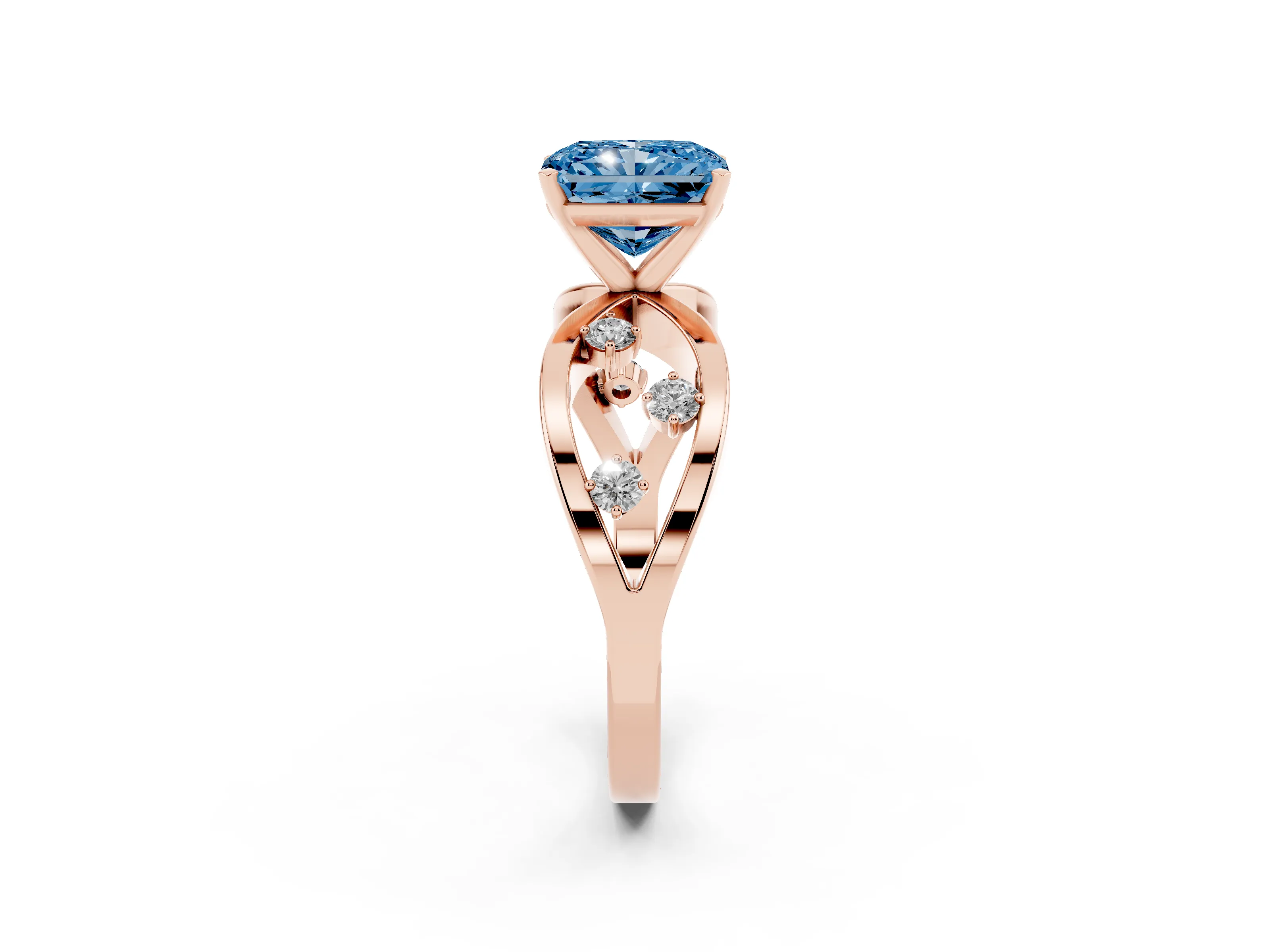 Fancy Blue Radiant Cut Diamond Solitaire Ring Set in Rose gold with Side Stones on Criss-Cross Band and Prong Setting
