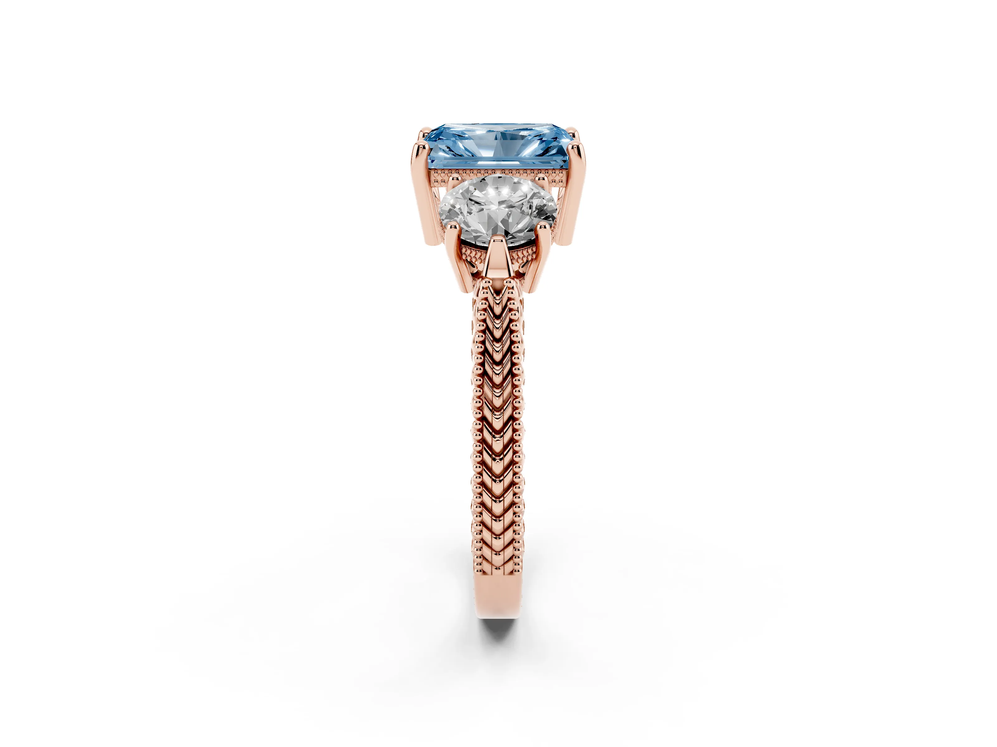 Fancy Blue Radiant Cut Diamond Three-Stone Ring Set in Rose gold with Milgrain Band